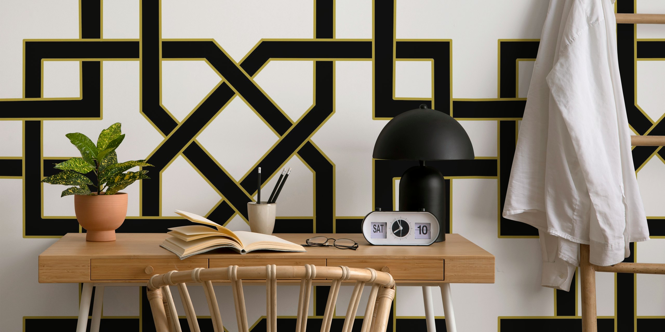 Arabesque art style wallpaper in room setting