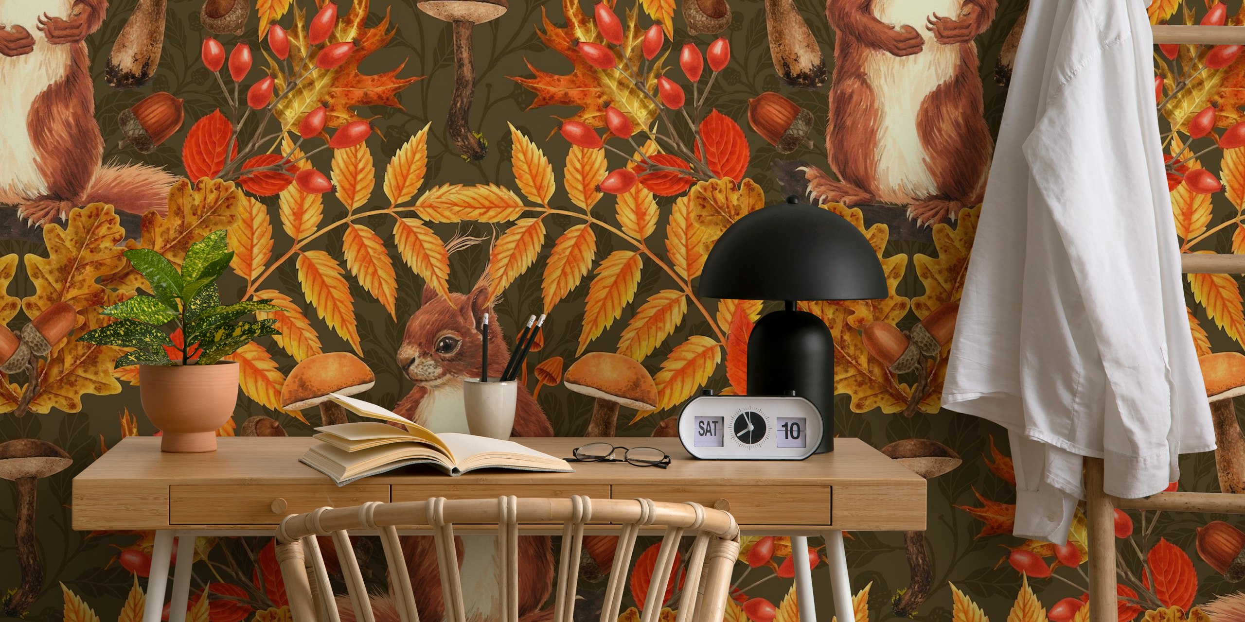 Autumn squirrel on dark brown design del wallpaper