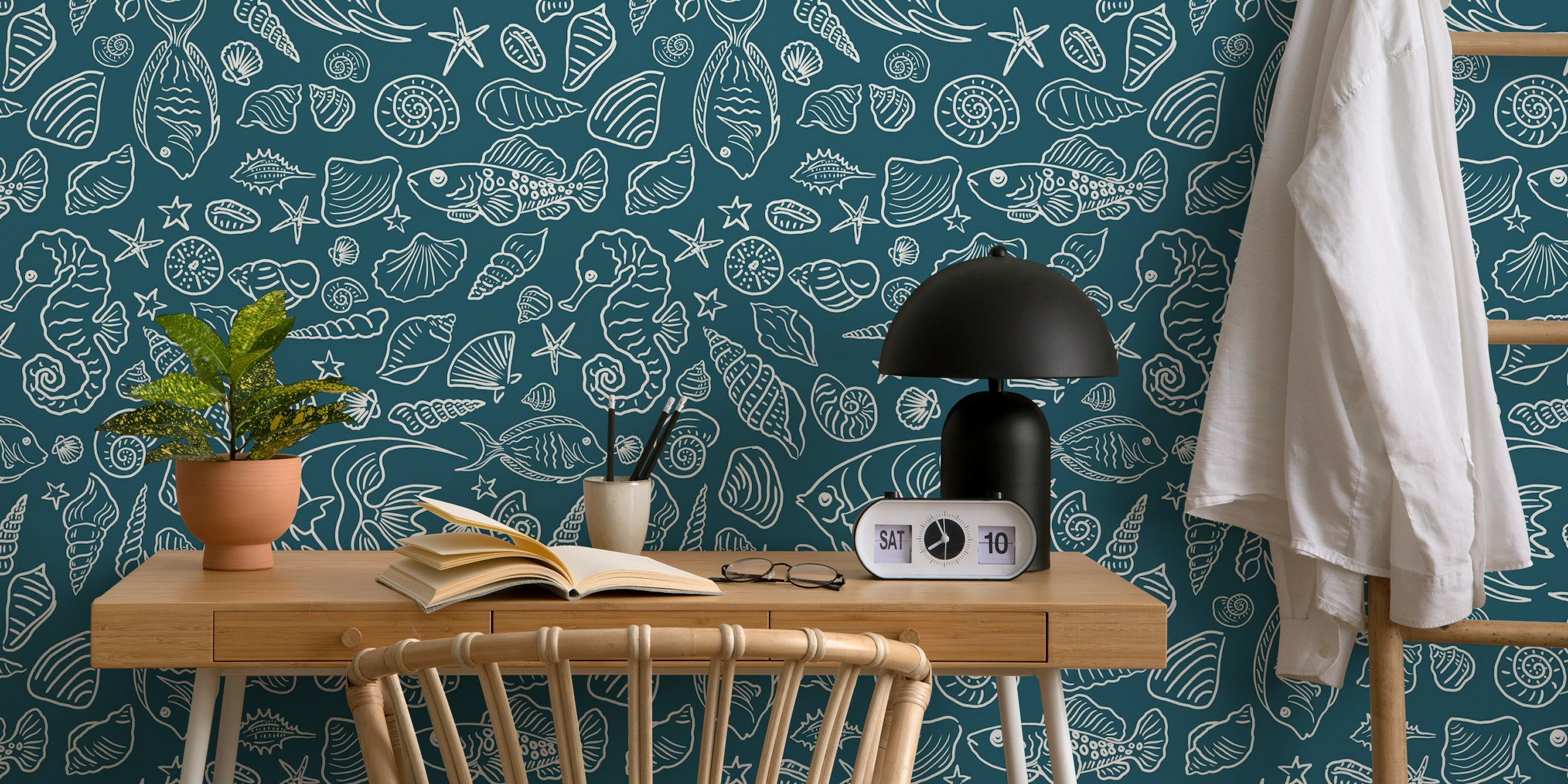 Teal and white underwater hand-made doodles wallpaper with fish, shells, and starfish