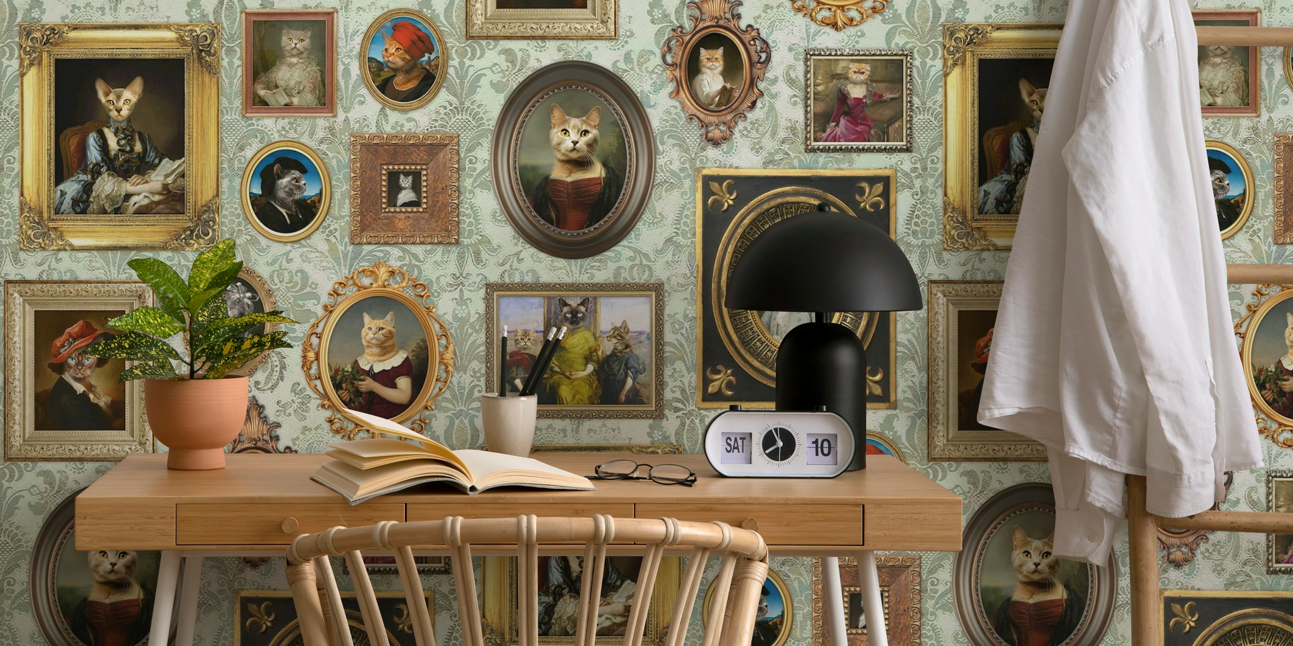 Cat-themed wallpaper in a vintage frame design