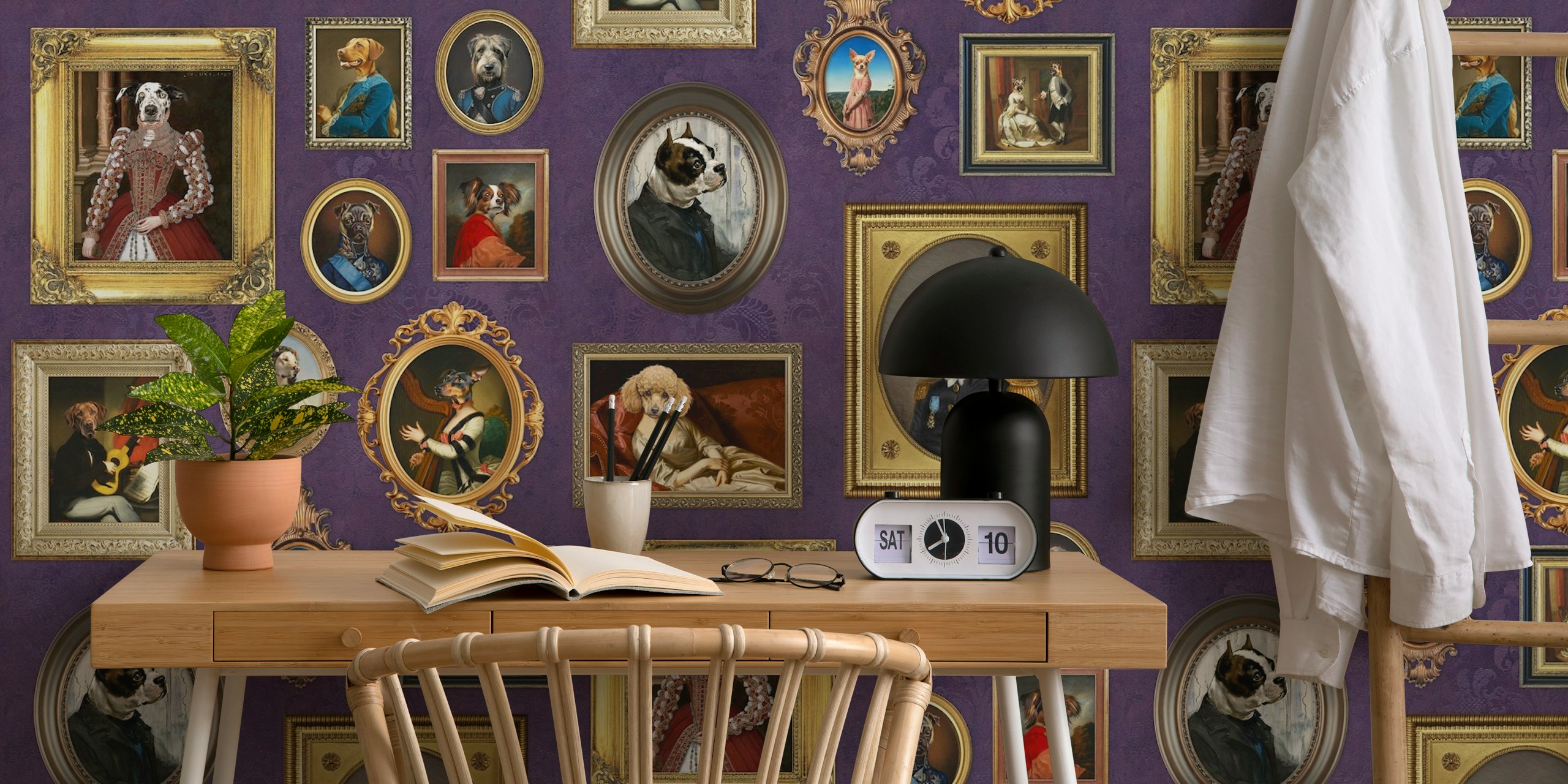 Various dog portraits in oval and rectangular frames on purple wallpaper