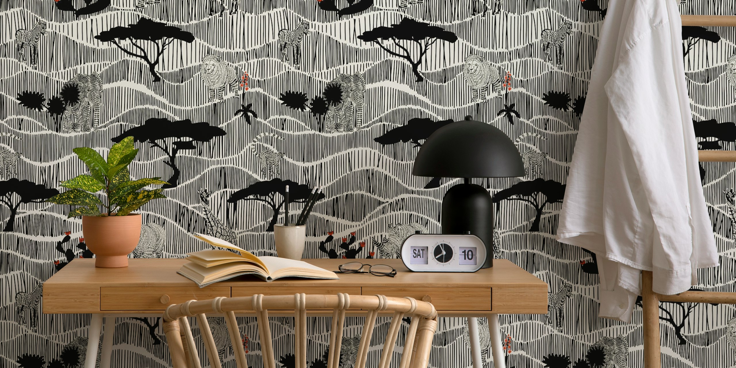 Wildlife Safari Savannah papel de parede preto e branco