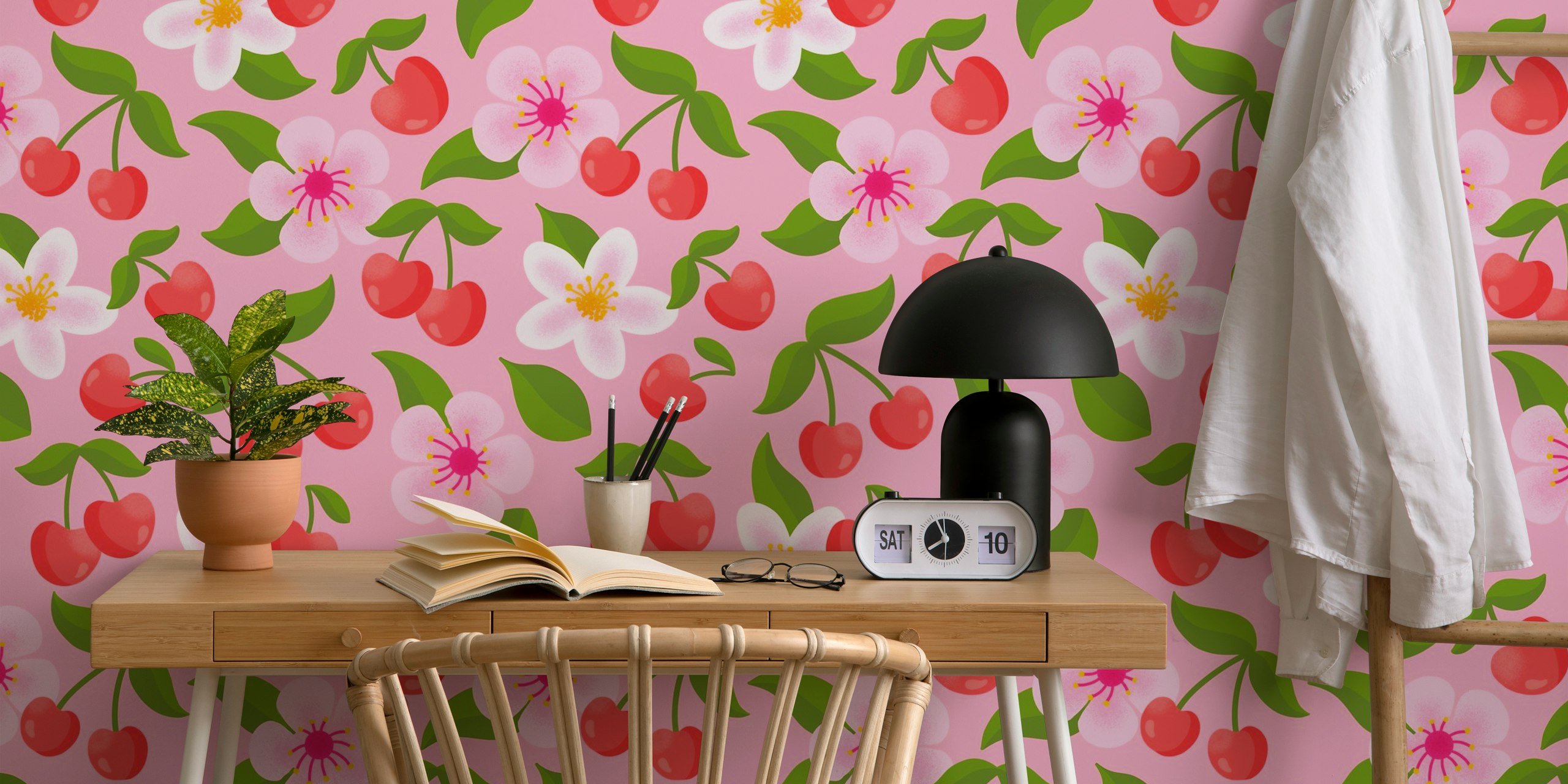 Cherry pattern wallpaper on pink background