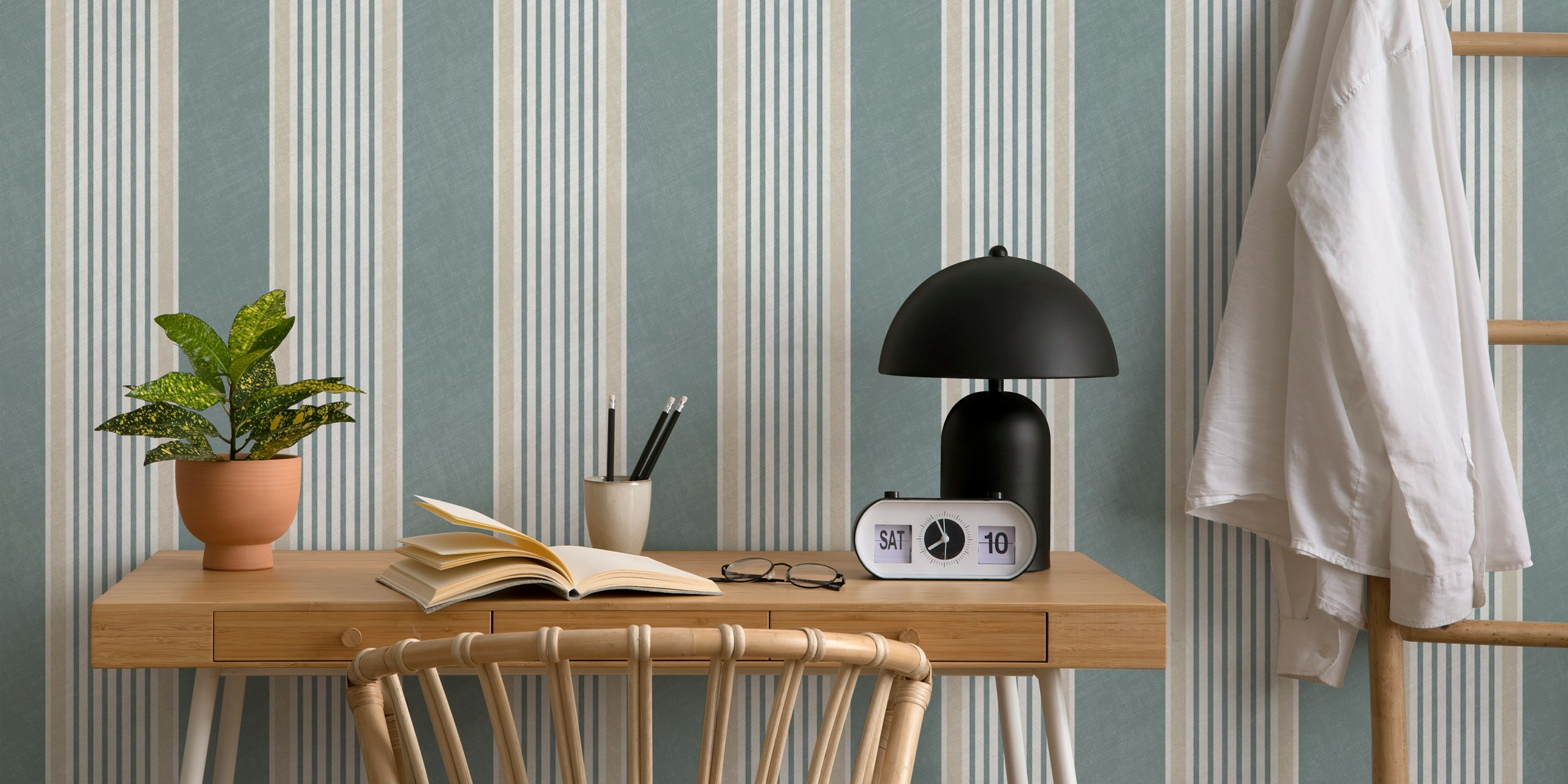 Antique stripes in slate blue and cream wallpaper