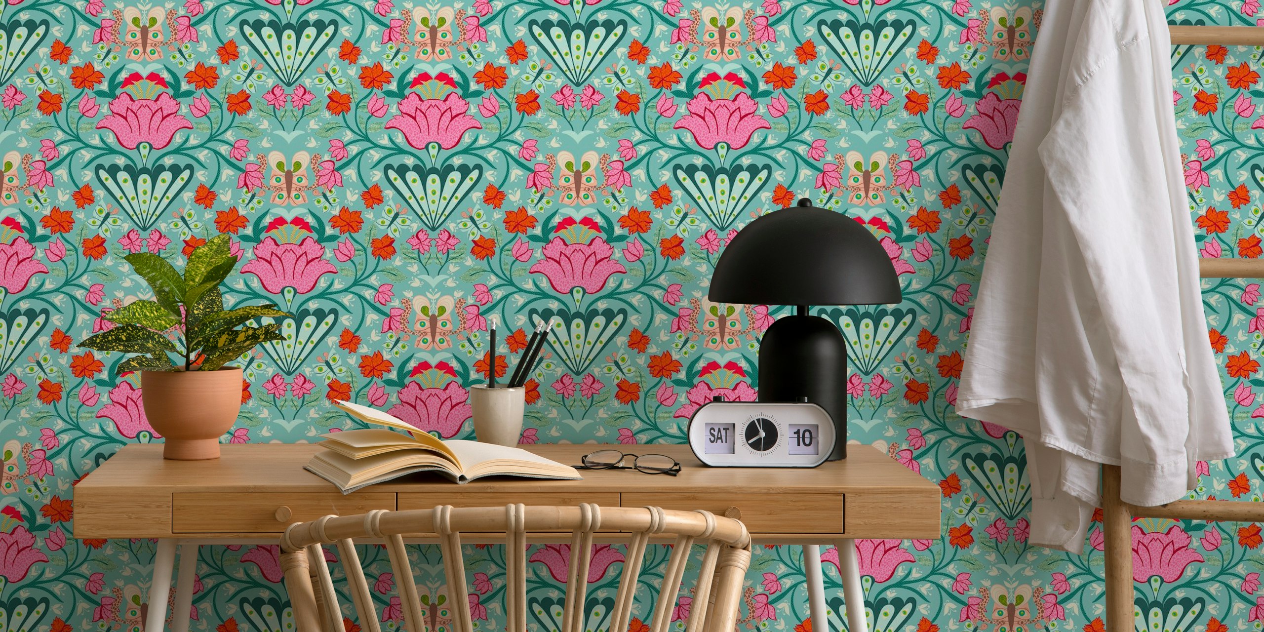 Surreal botanical garden wallpaper design