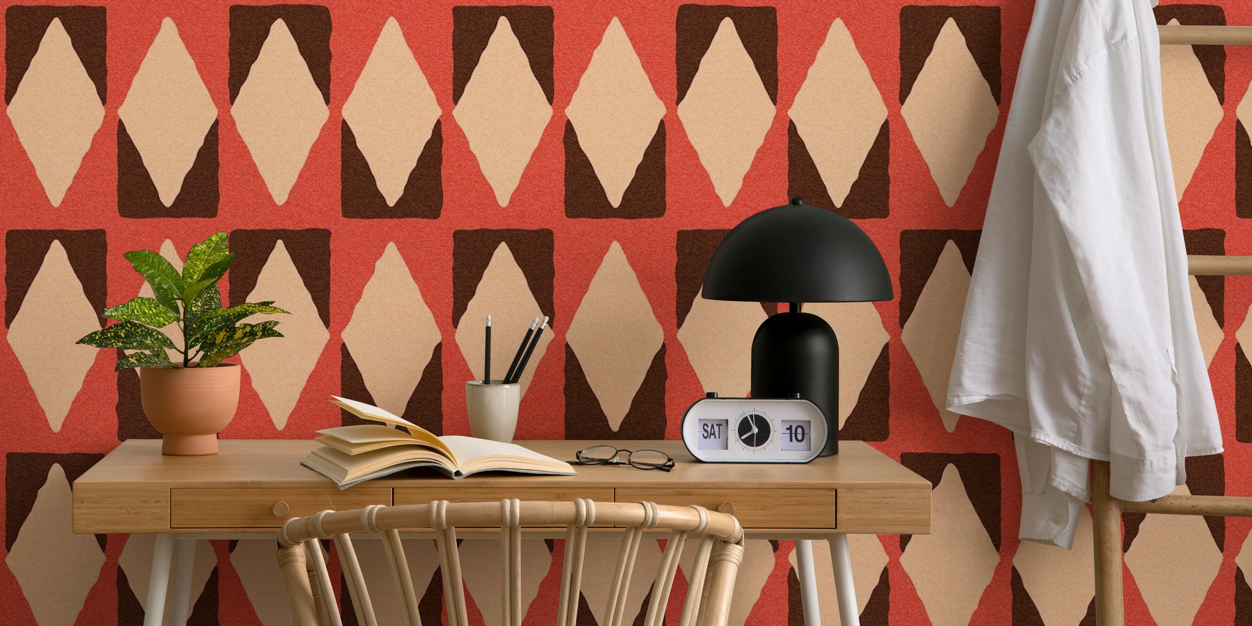 Geometric coral and beige diamond pattern wallpaper