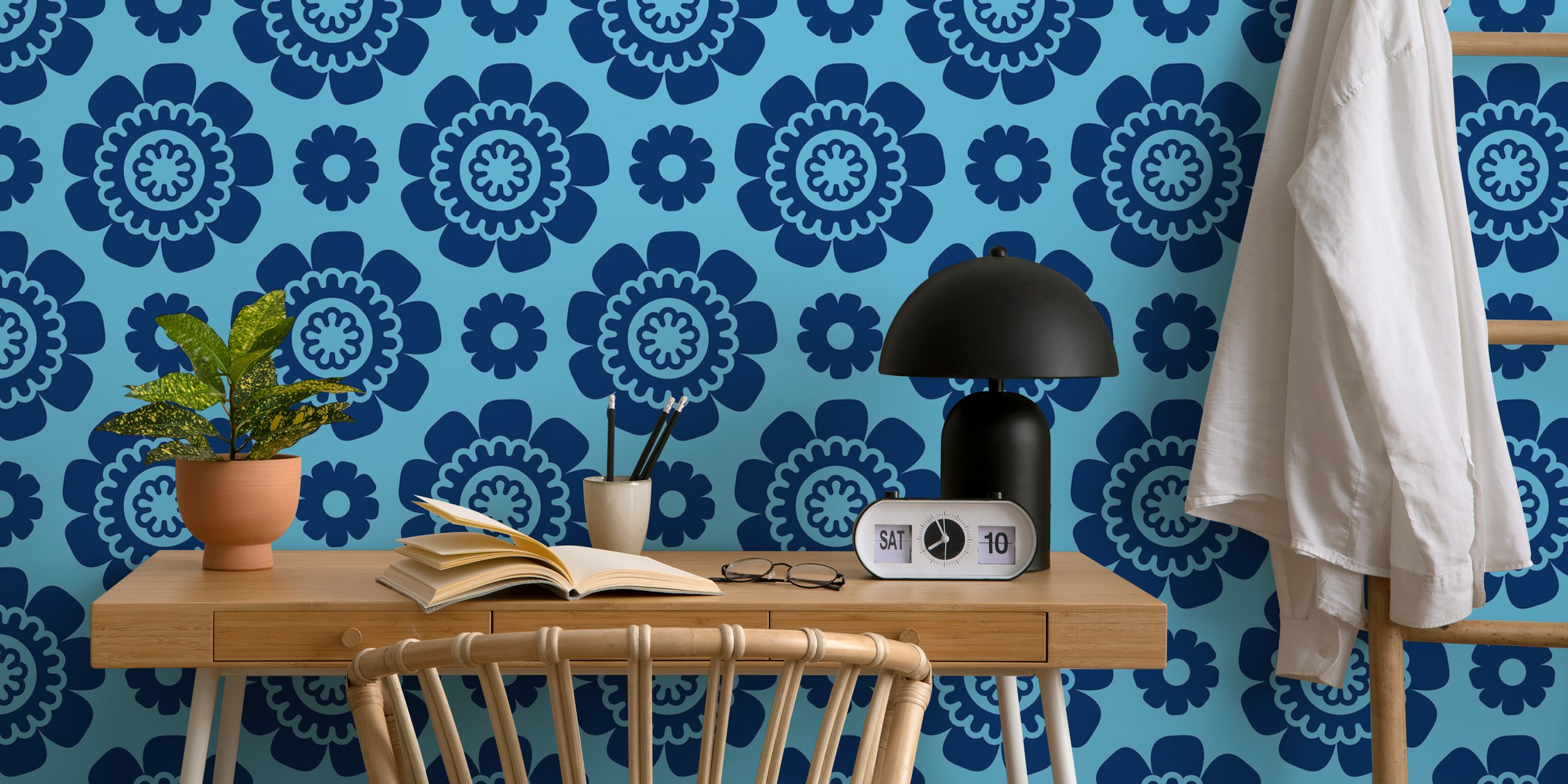 Blue floral daisy pattern wallpaper with bold shapes