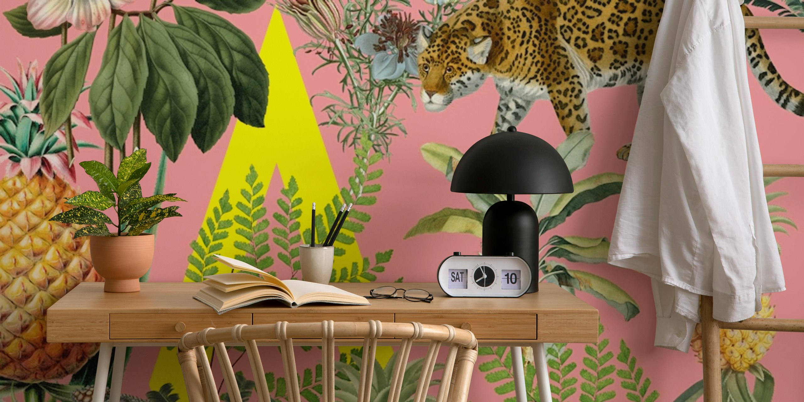 Tropical animal print wallpaper with pink background, featuring tigers, leopards, ferns, and pineapples