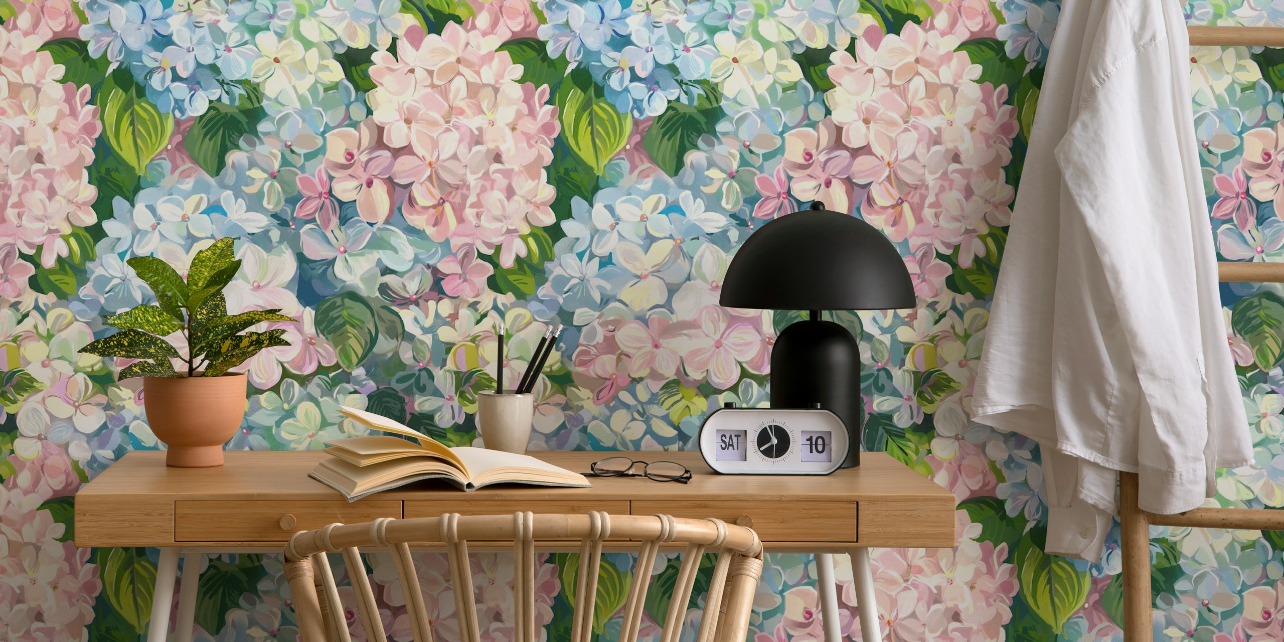 Bubblegum Hydrangea Vintage Art wallpaper in a room