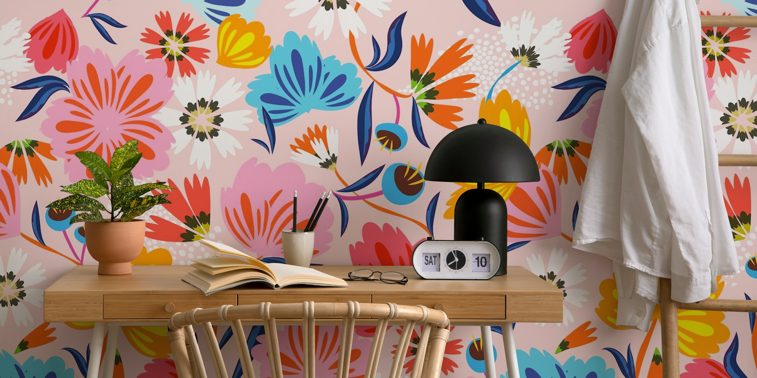 Colorful floral wallpaper in a room