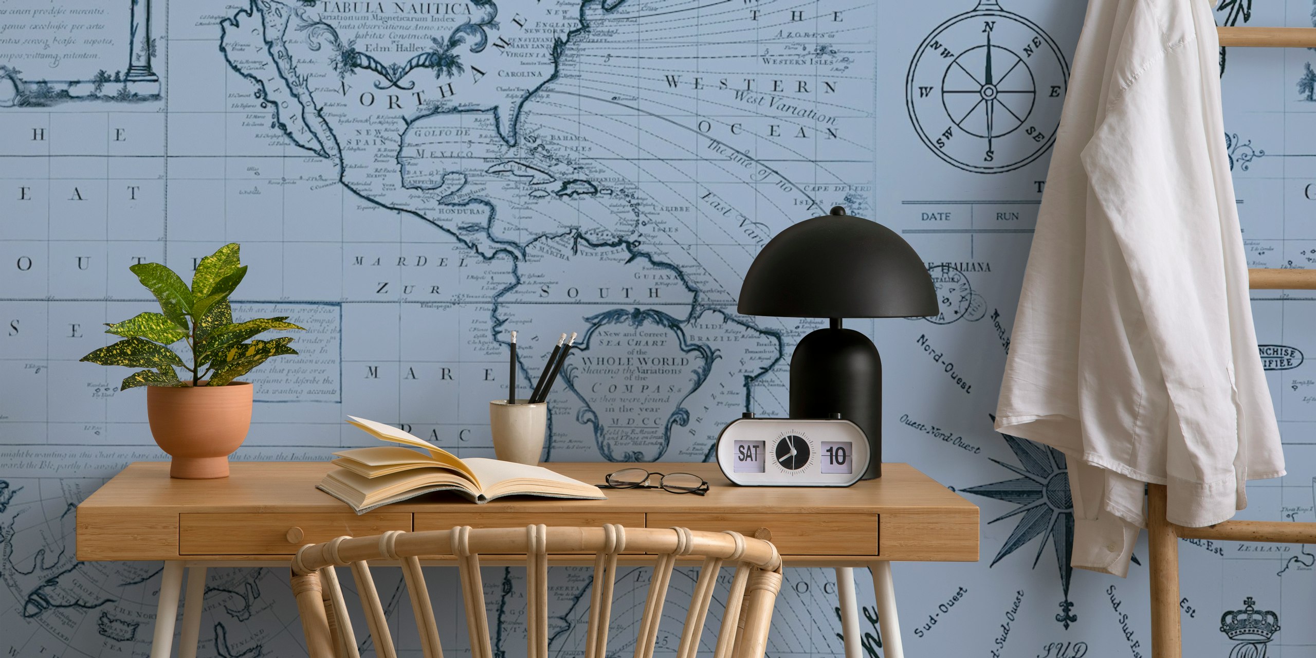 Papel tapiz mural náutico con mapas y brújula