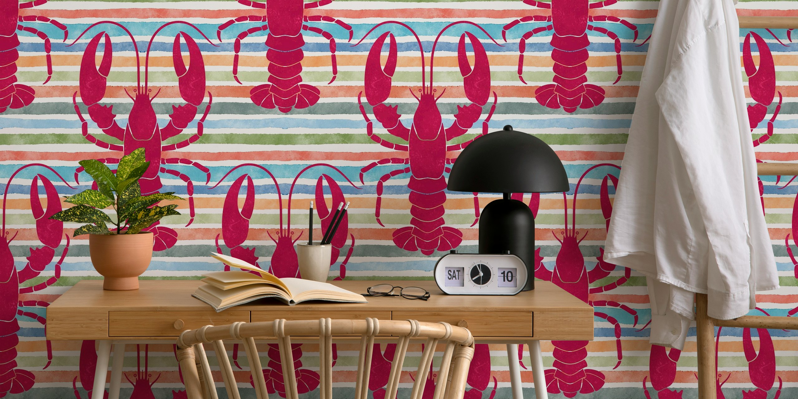 Langostas magenta juguetonas en un papel tapiz con rayas coloridas para una vibra divertida en el interior