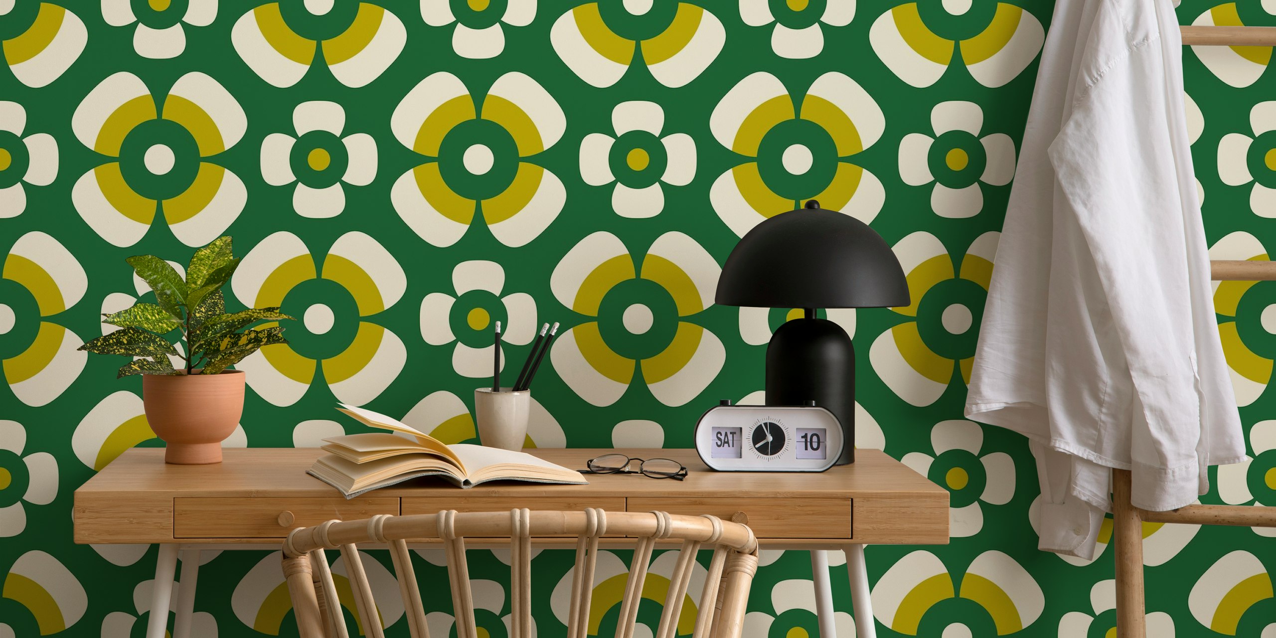 Retro daisies wallpaper design in green