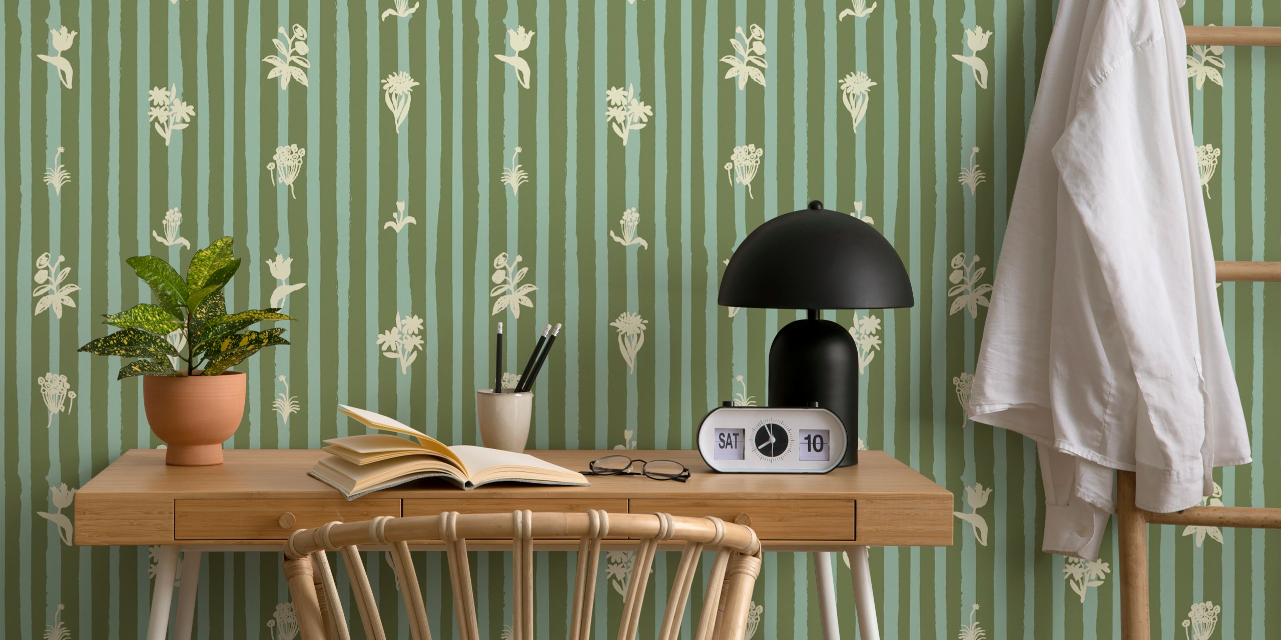 Floral pattern with stripes in sage green and cream wallpaper
