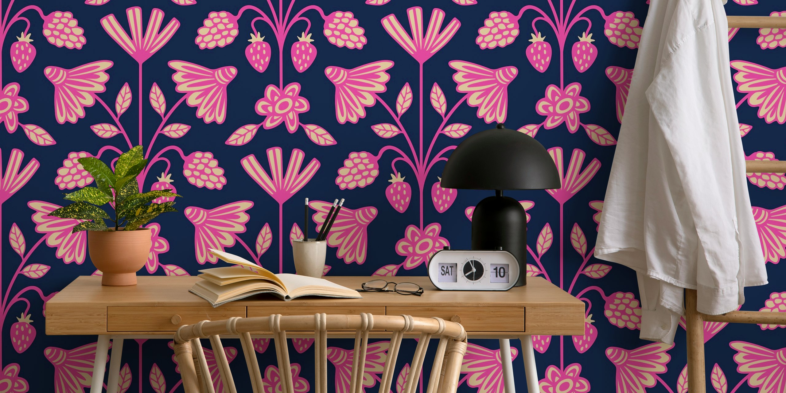 Berry Luscious Floral Berries Damask Dark Wallpaper