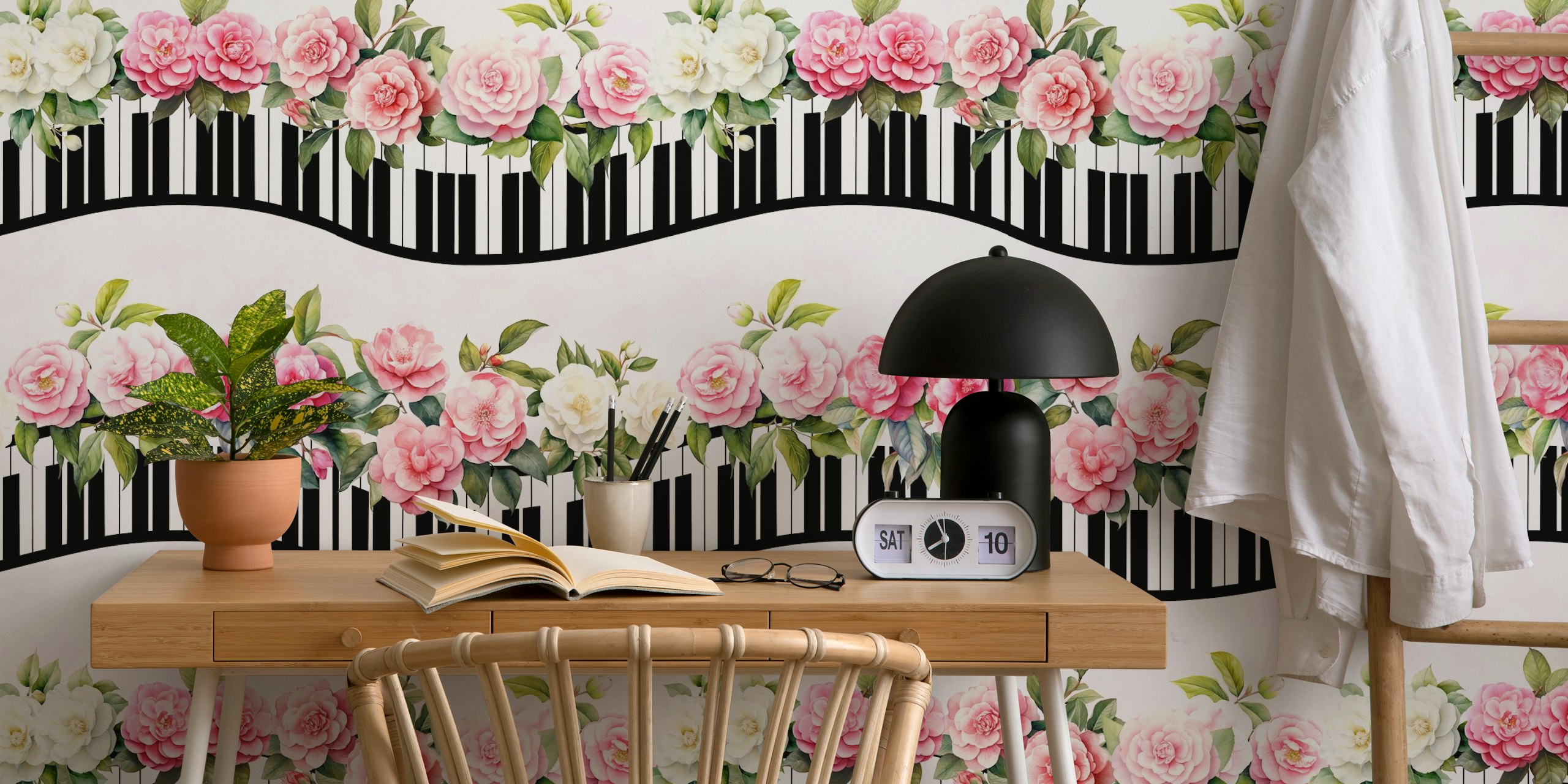 Floral piano keyboard pattern in pink and black wallpaper