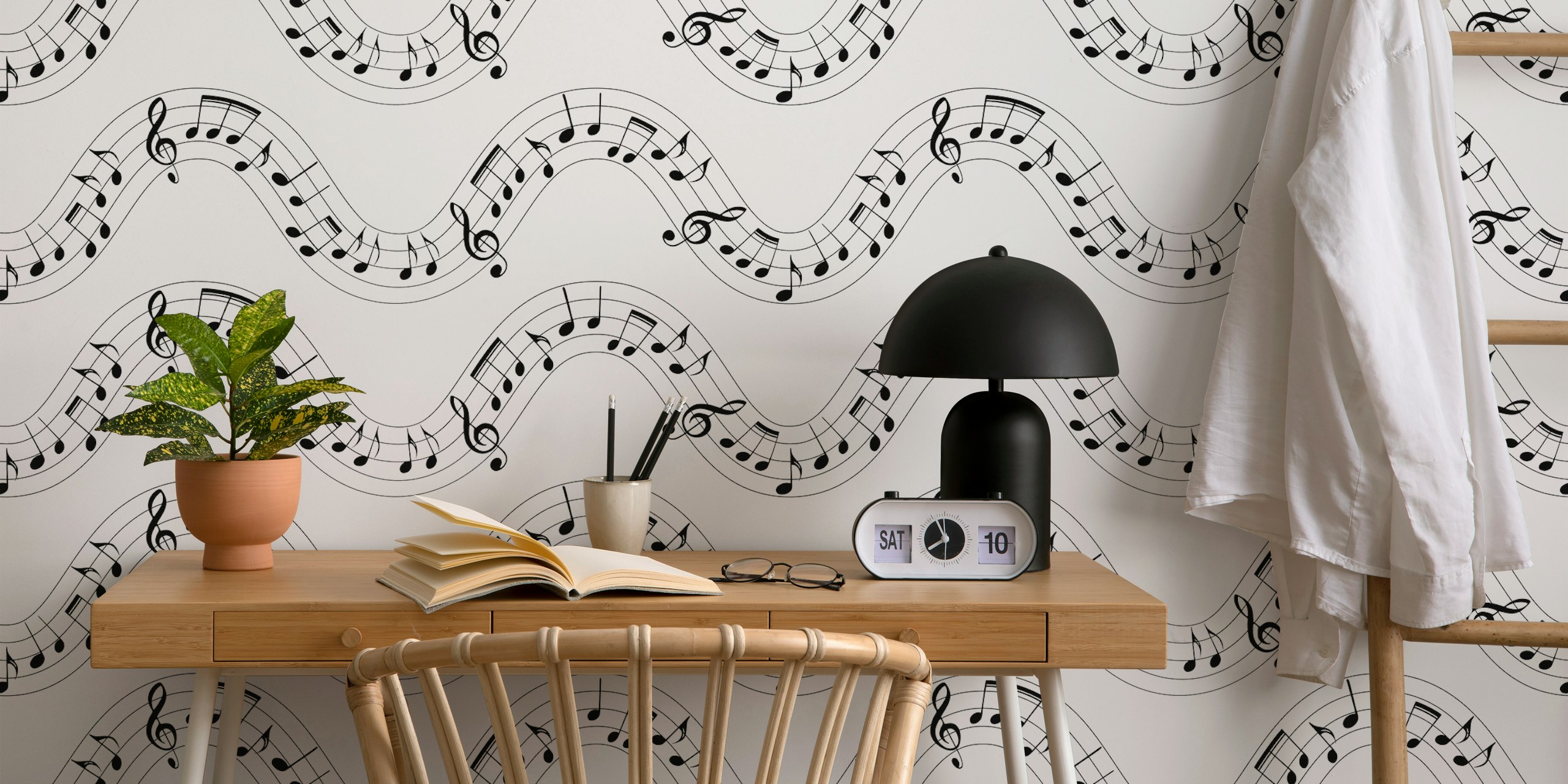 Musical Notes Waves tapet i et stilrent rom