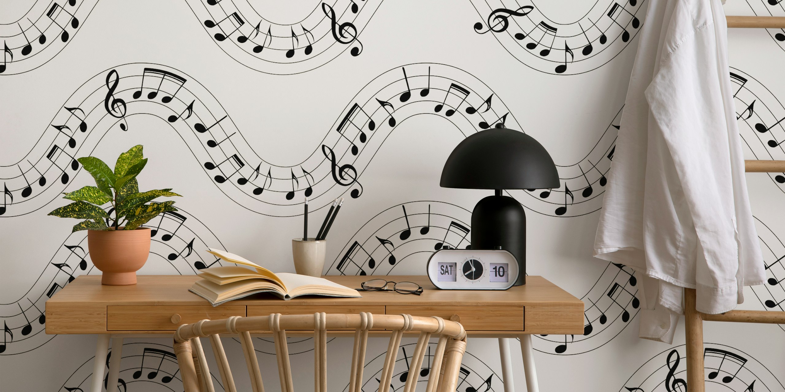 Musical notes forming wavy lines on a maroon background wall mural