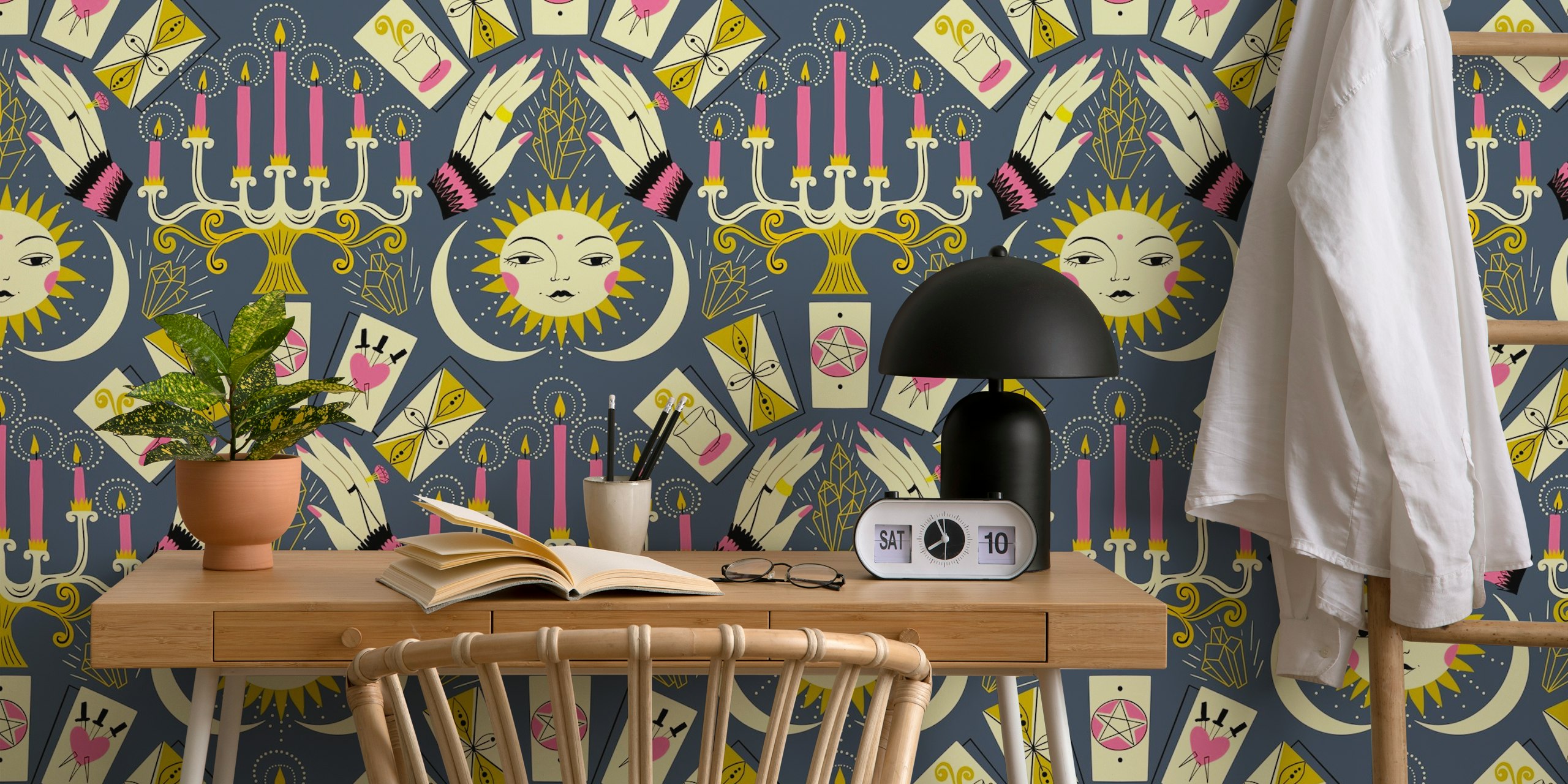 Mystical tarot card and celestial design wall mural with divination hands and candelabras