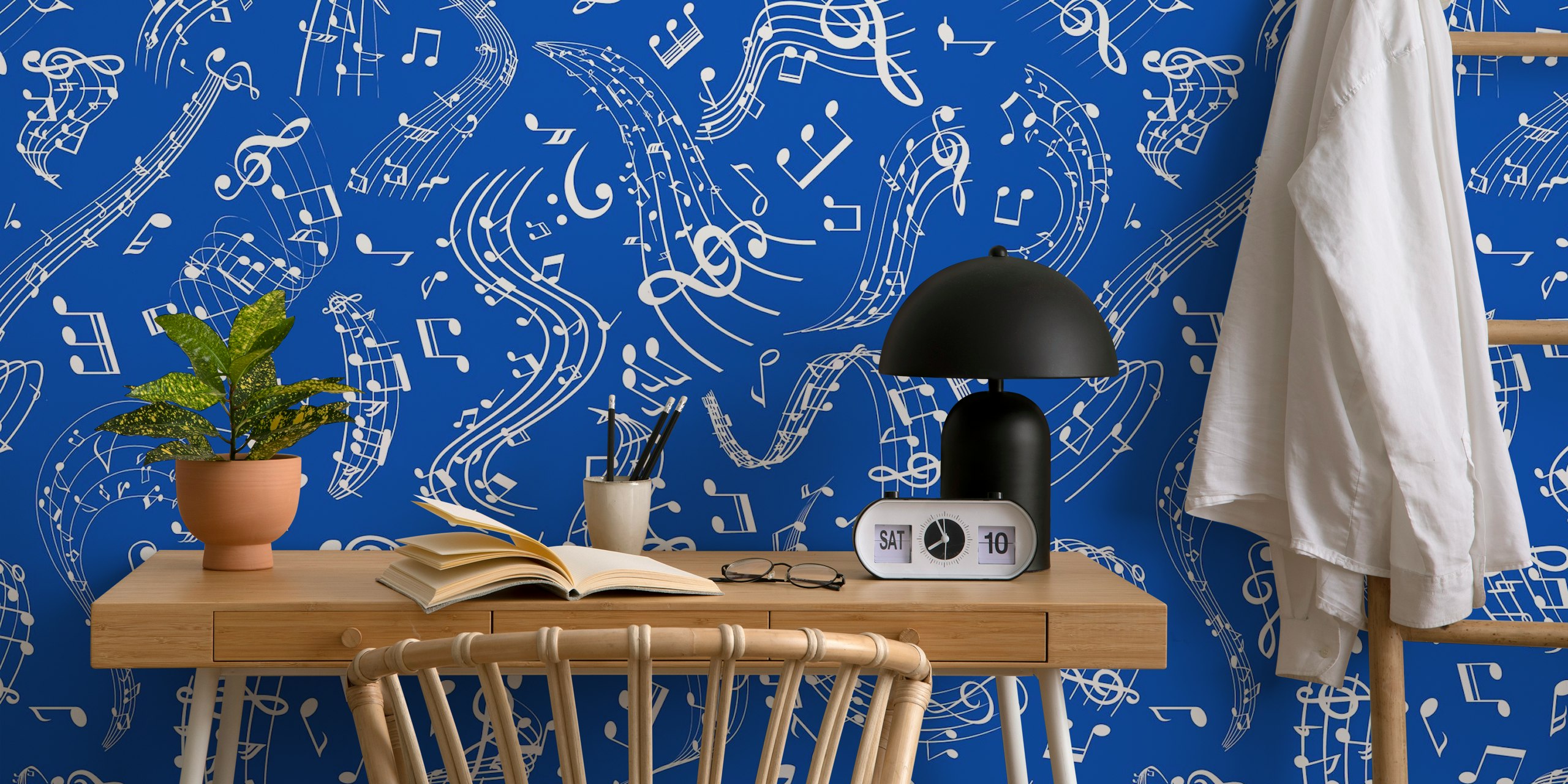 Cobalt blue wall mural with white music notes and symbols pattern