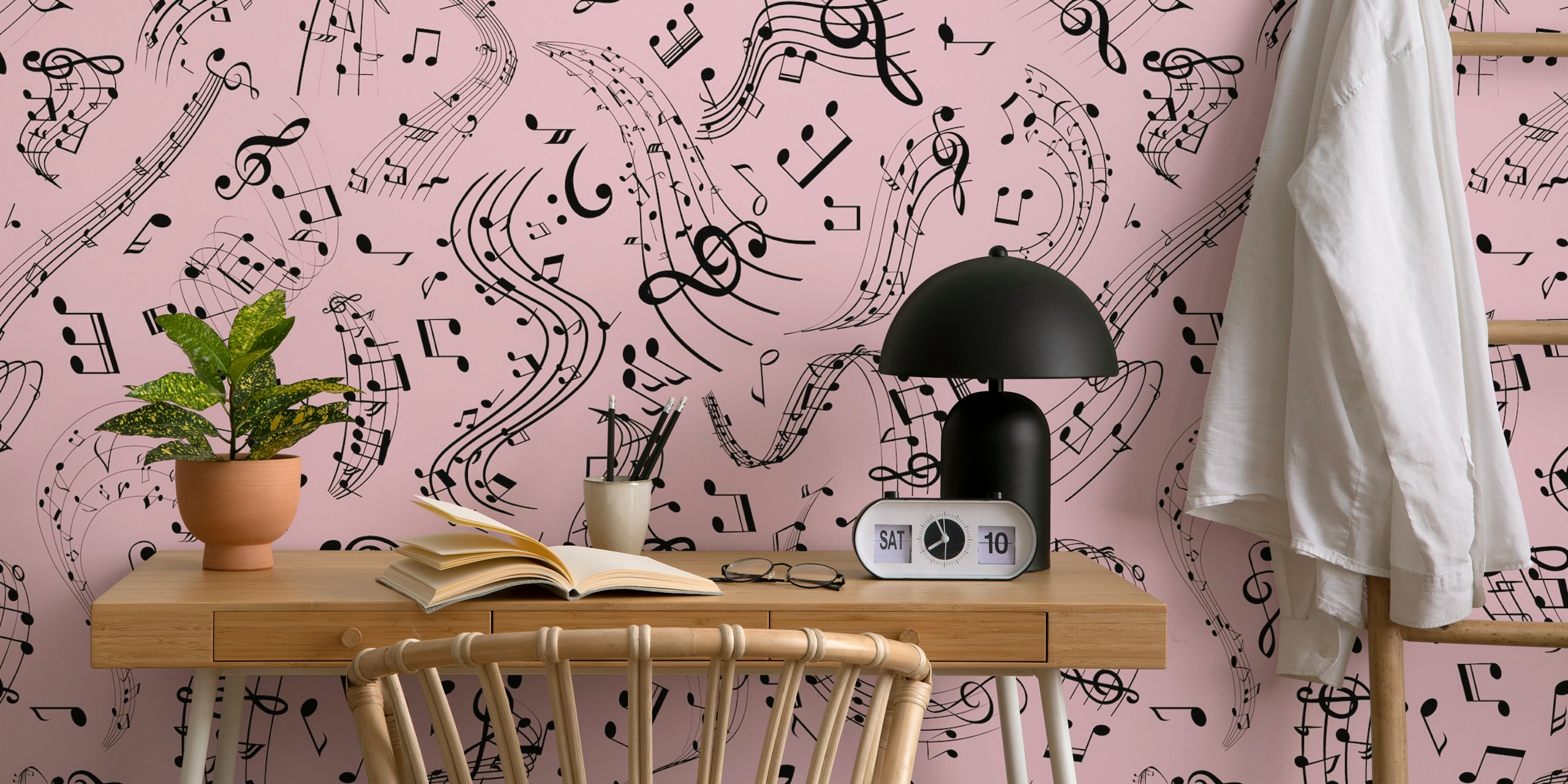 Music notes wallpaper in a pink room