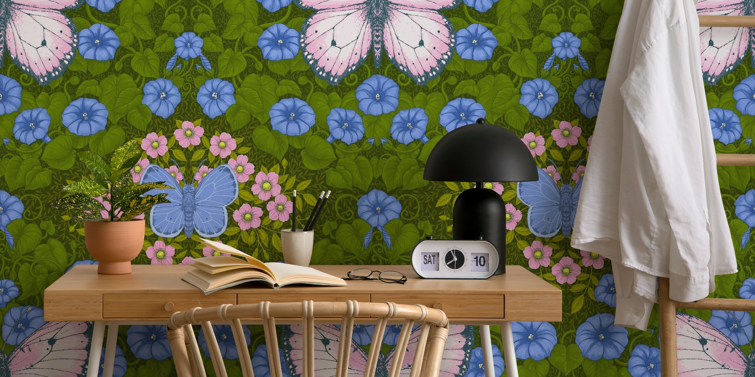 Blue butterflies and purple flowers with green foliage wallpaper