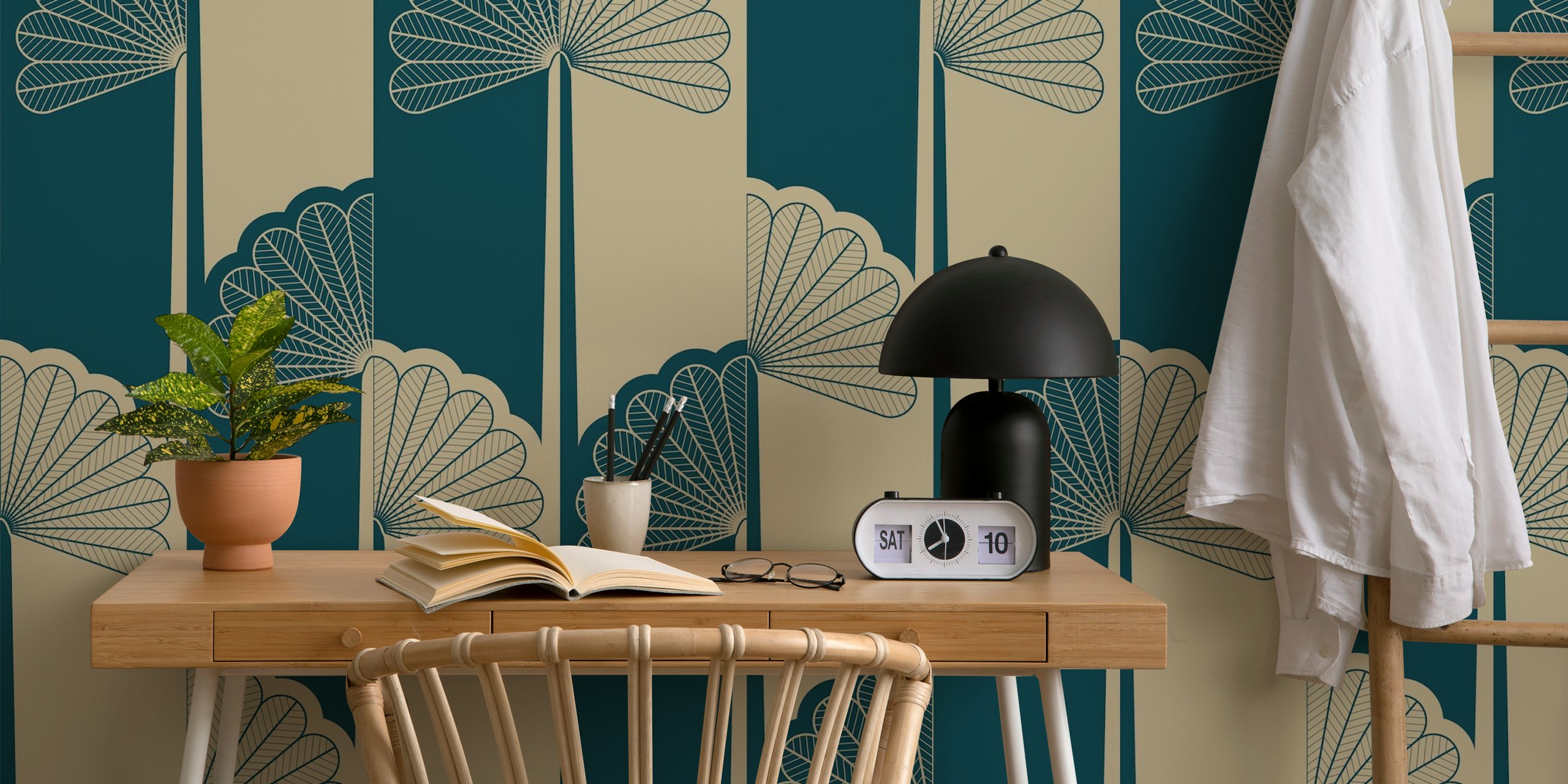 Palm tree stripes wallpaper in a stylish room