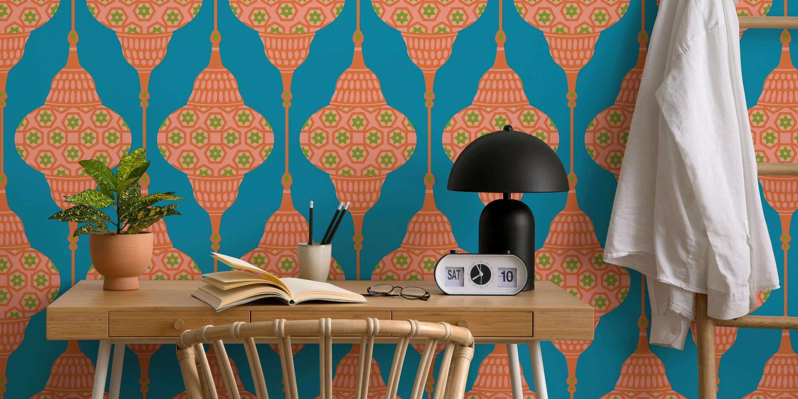 Retro exotic lanterns in blush and green on blue wallpaper