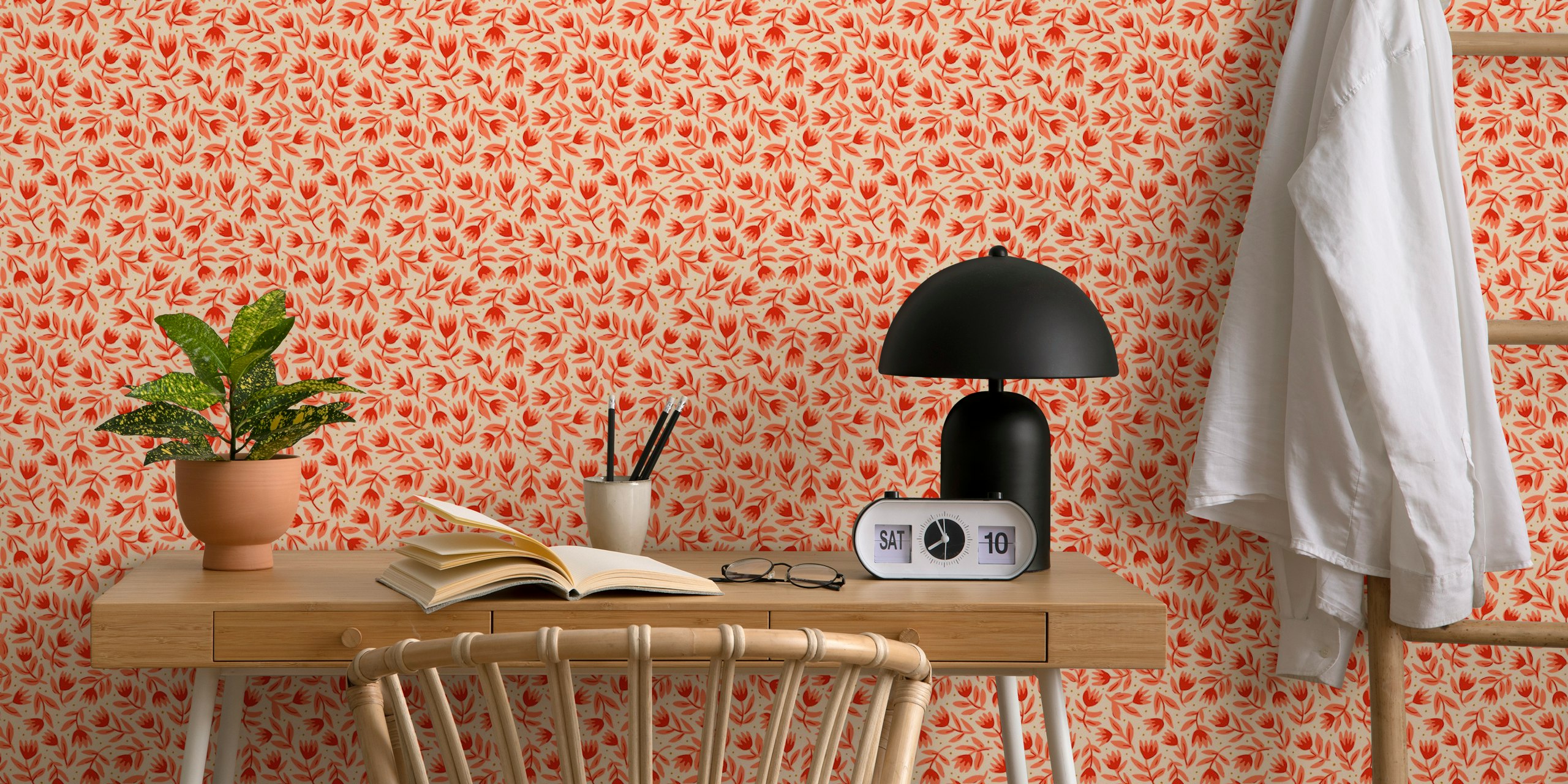 Red and pink tulip floral pattern on vanilla wallpaper