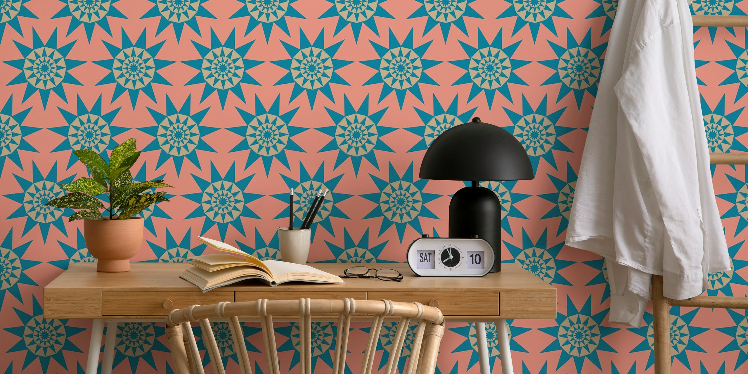 Retro geometric sun star wallpaper in a room