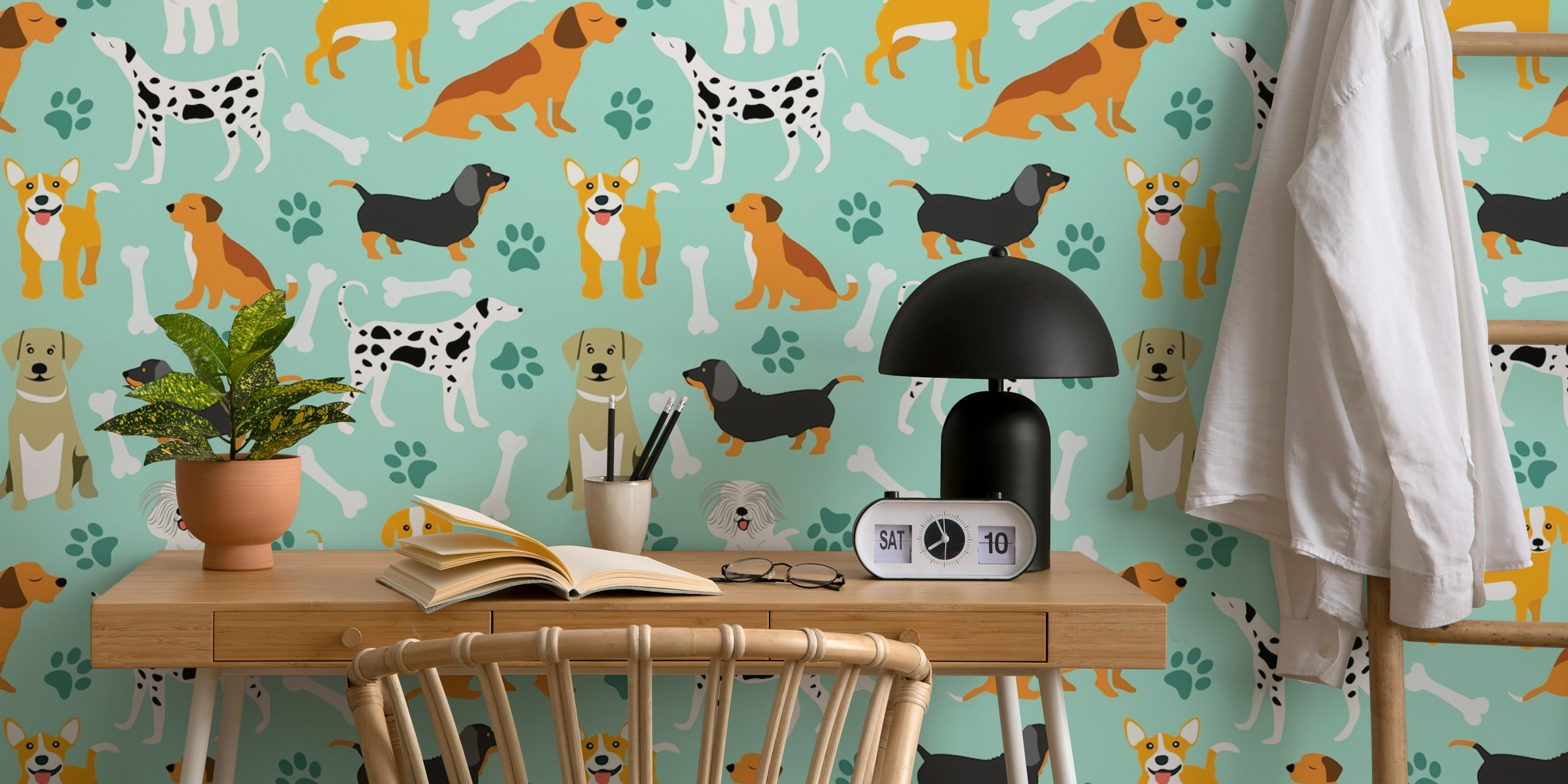 Cute dog breeds and bones wallpaper in a room