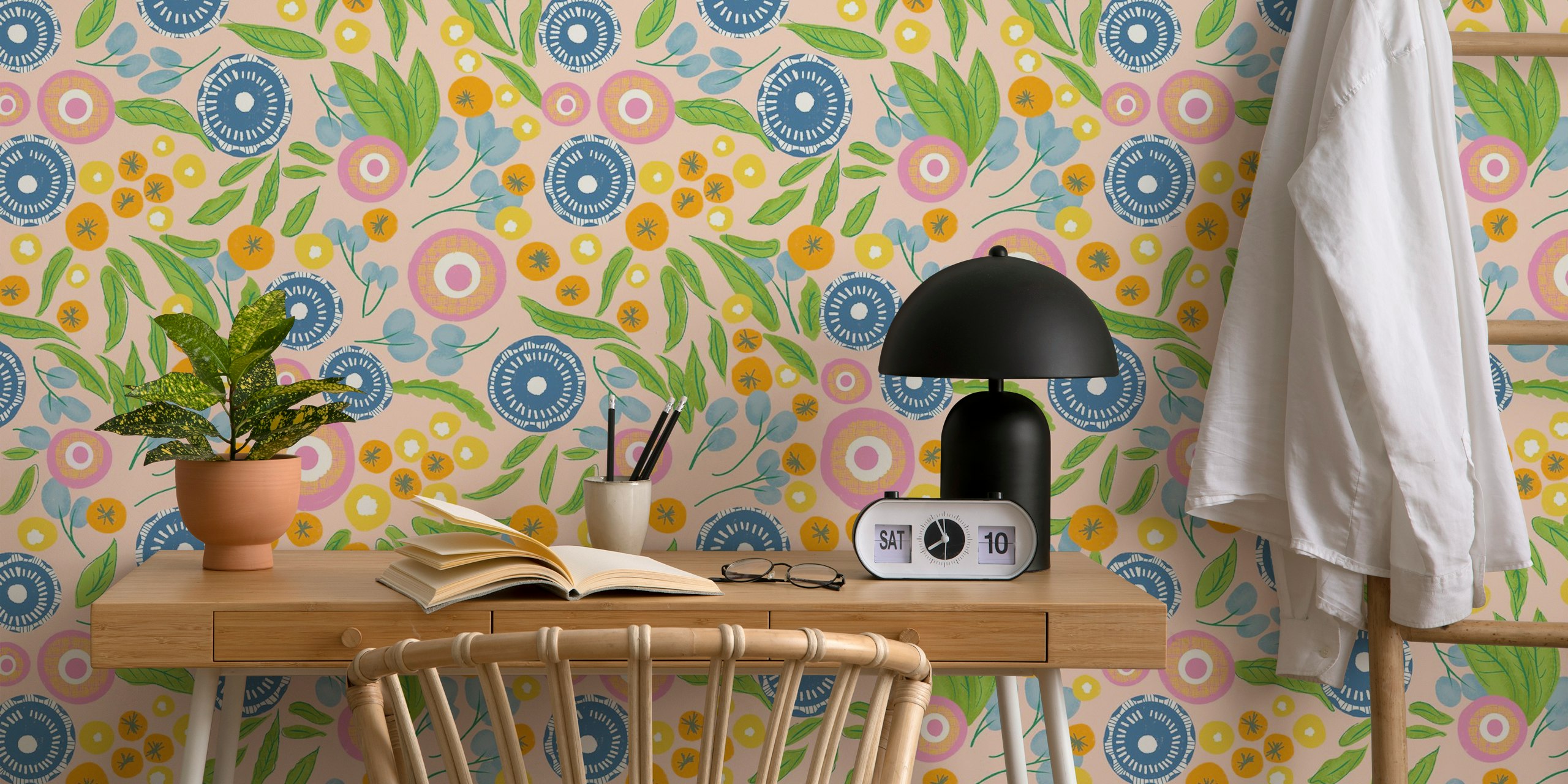 Botanical Mod Boho Floral Pink wallpaper in a room