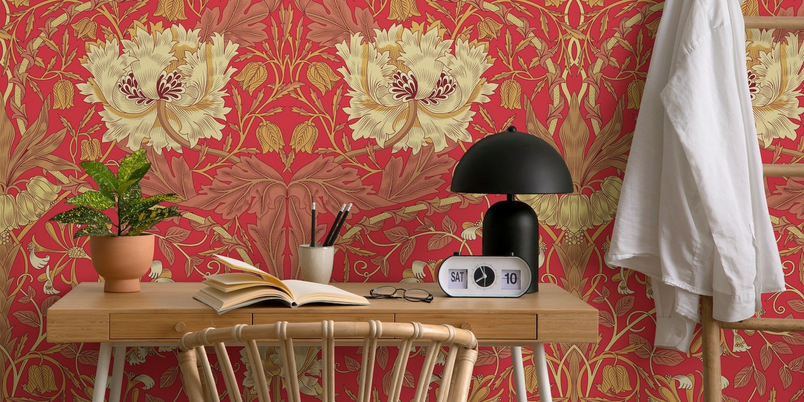 Red and gold floral pattern wallpaper with intricate details