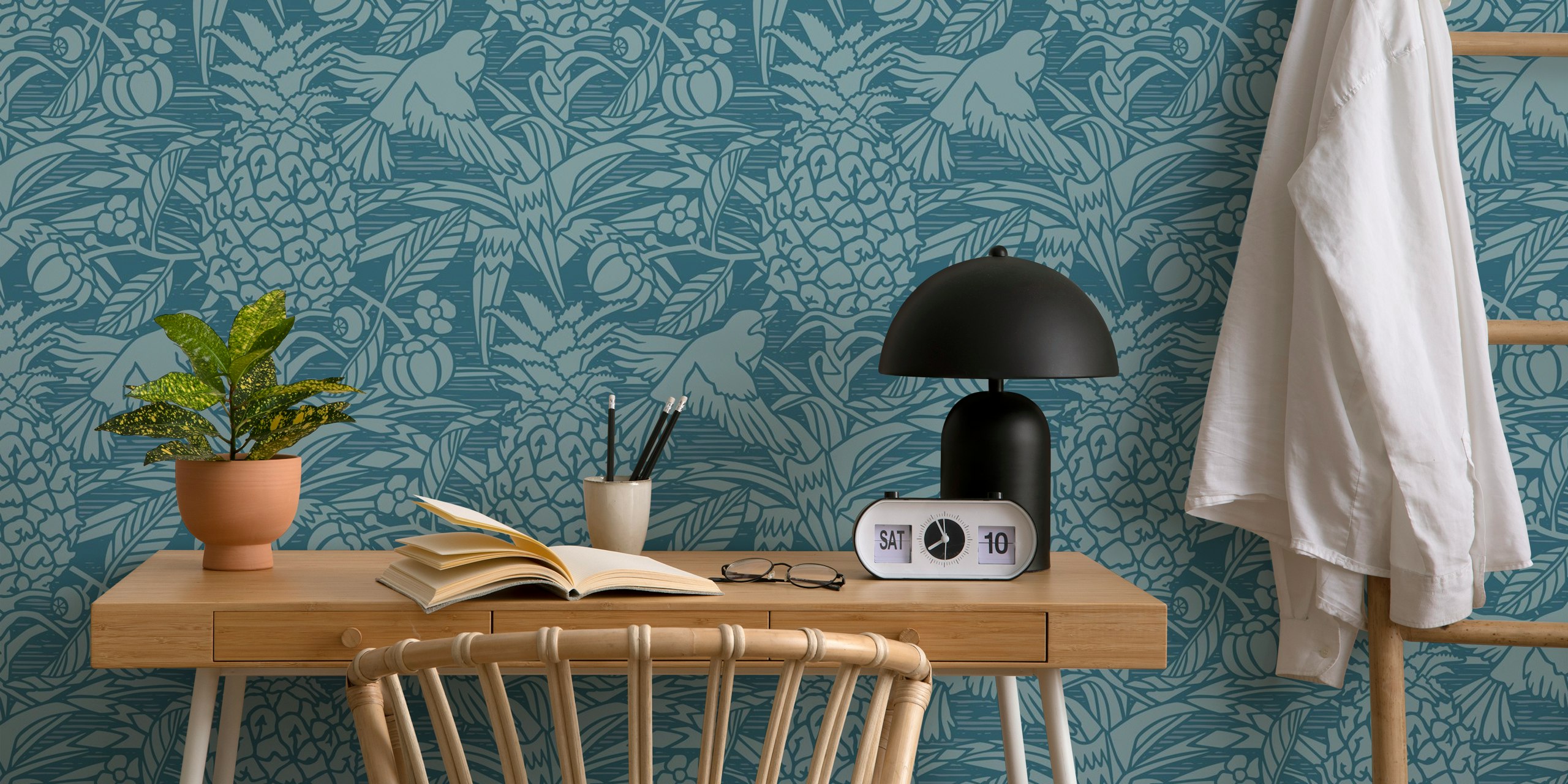 Tropical damask pattern featuring blue pineapples and birds wallpaper