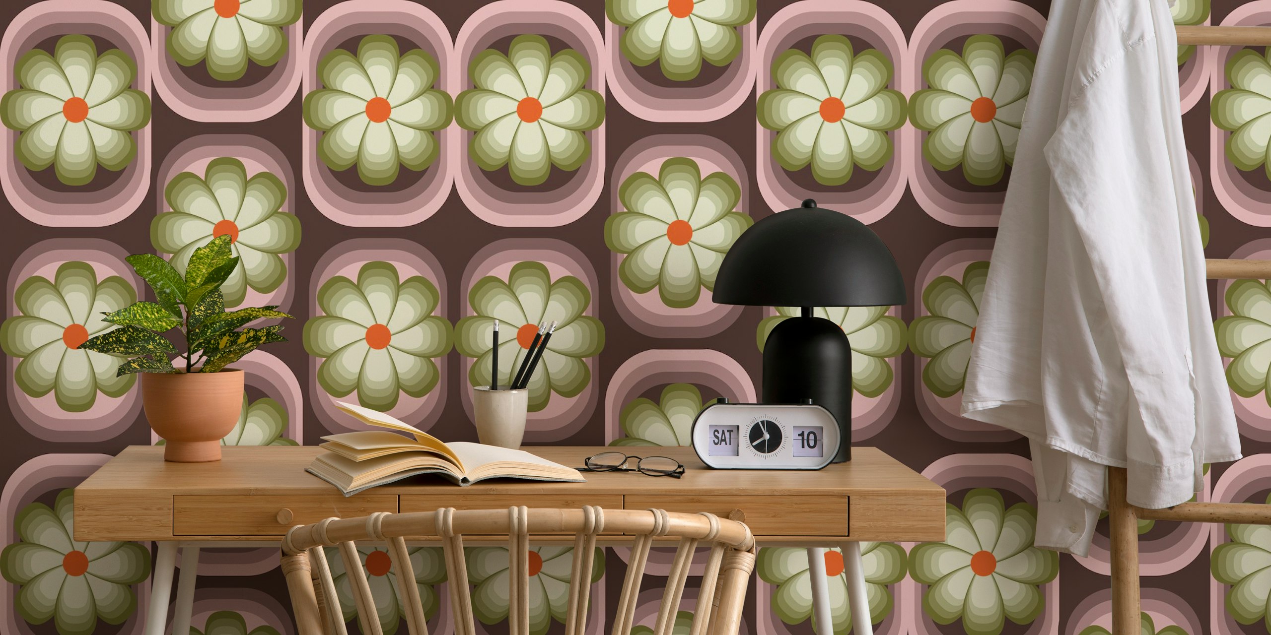 Retro 70s flowers wallpaper in a room