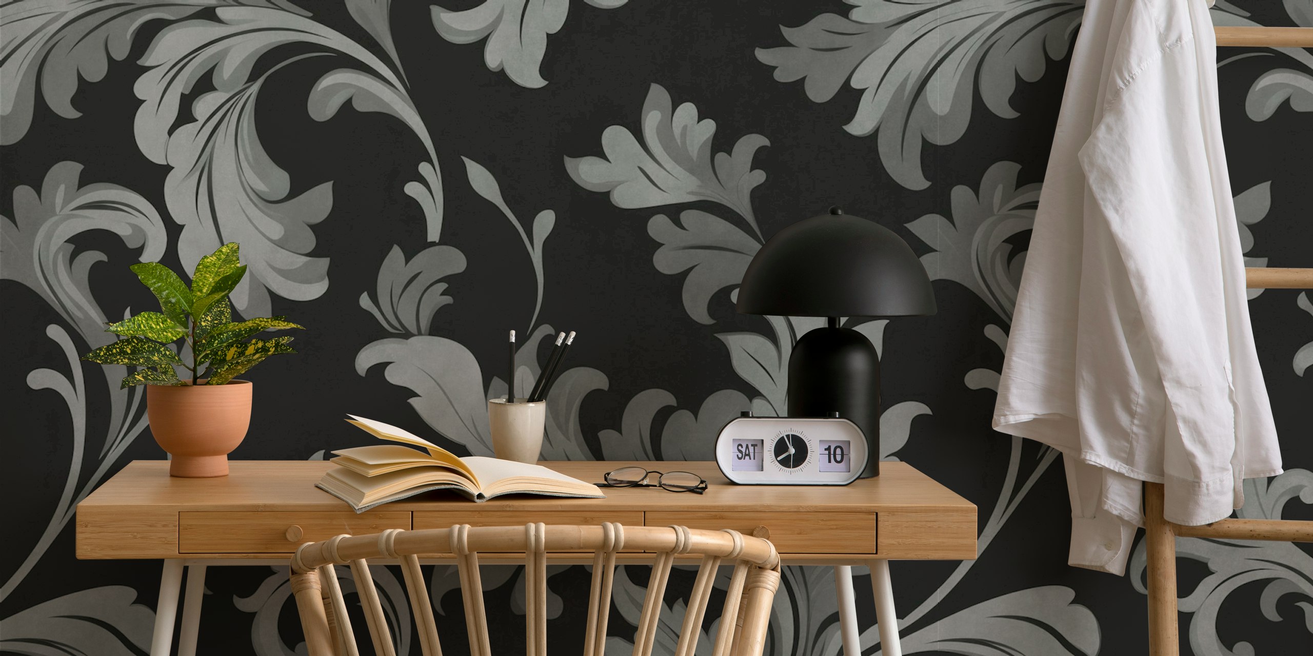 Vintage Victorian Swirl Opulence i grå og sort til vægmaleri