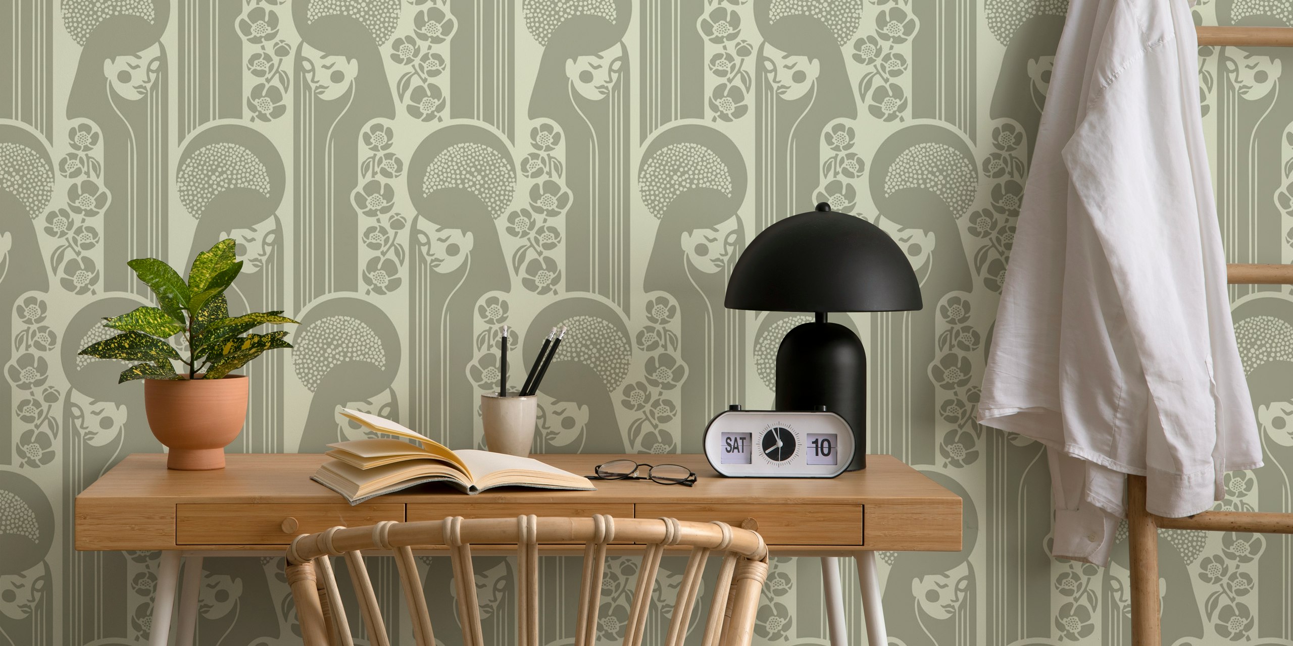 Floral goddess design with sage tones in vintage style wallpaper