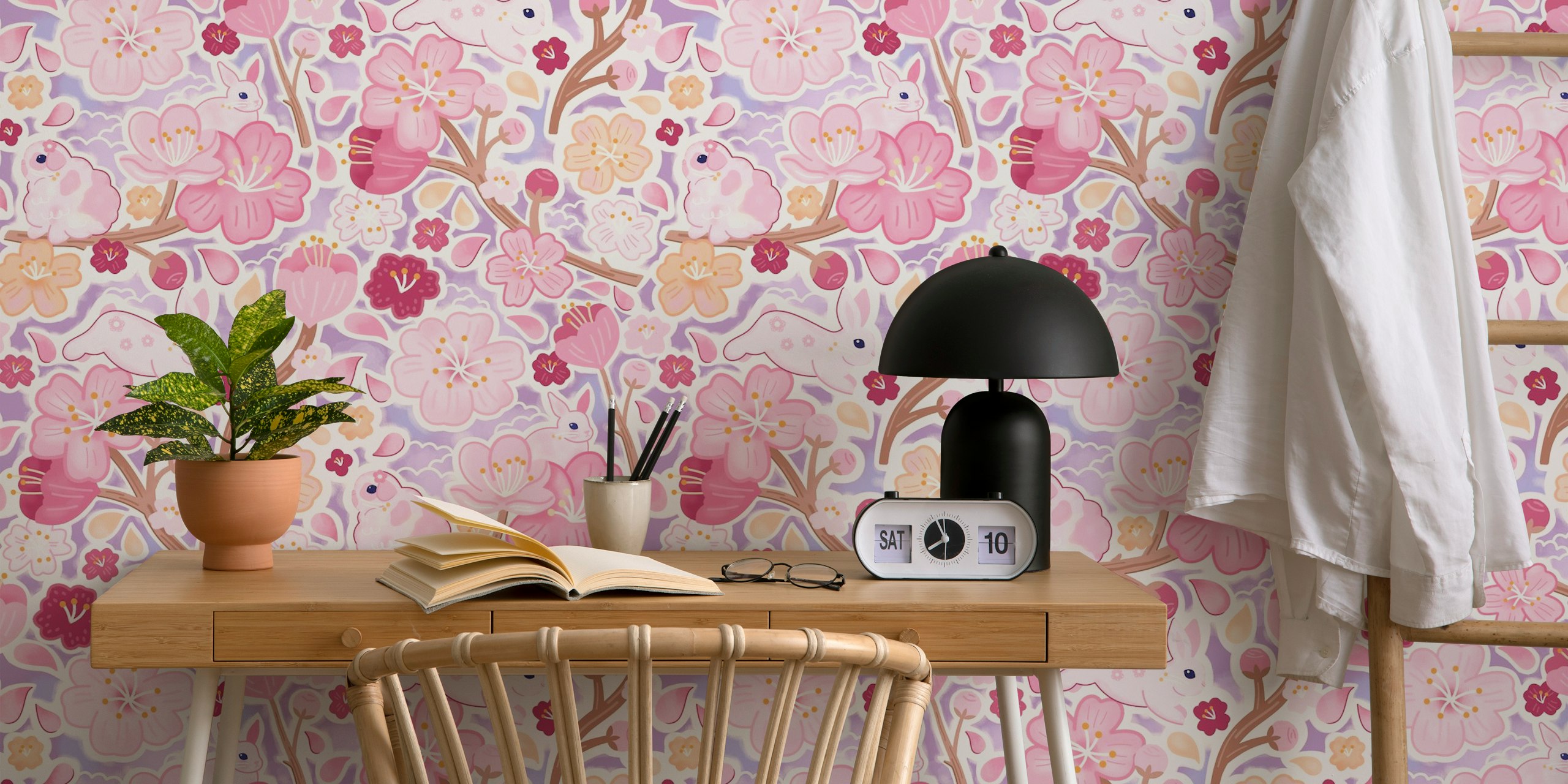 Whimsical cherry blossom and bunny themed wall mural with pastel colors
