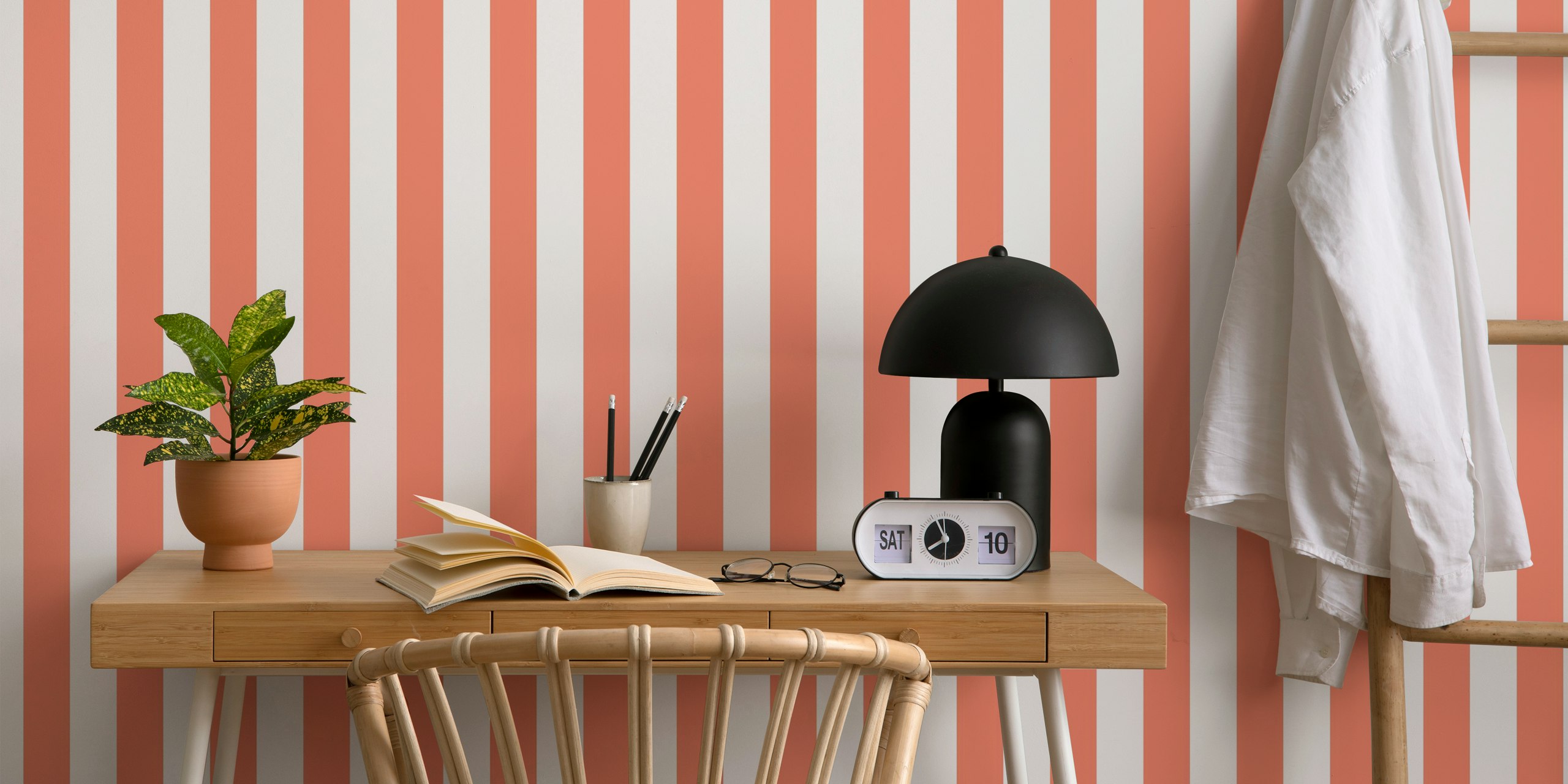 Coral and white vertical striped wall mural
