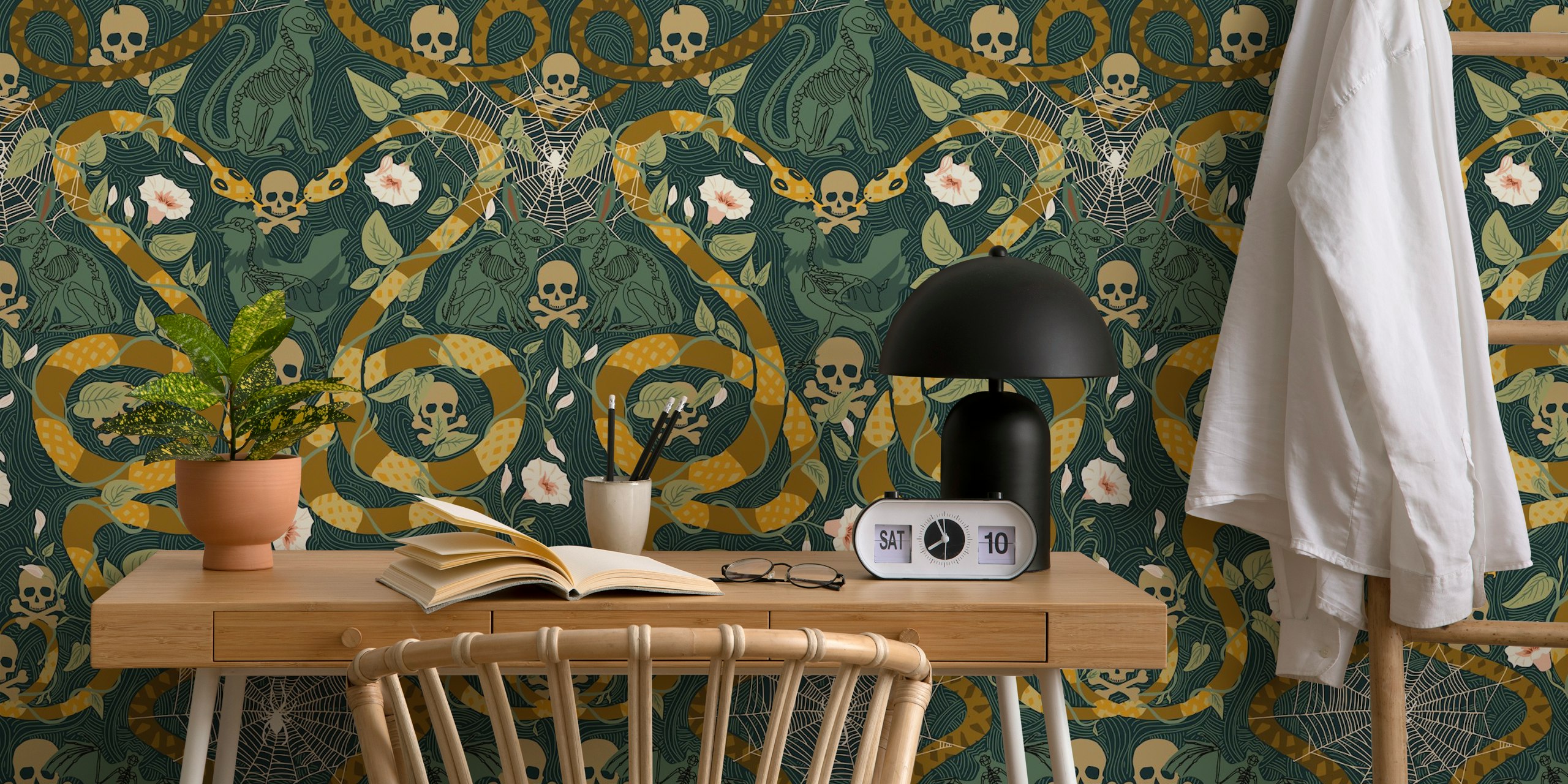 Gothic cottage dark emerald tapet i et rom