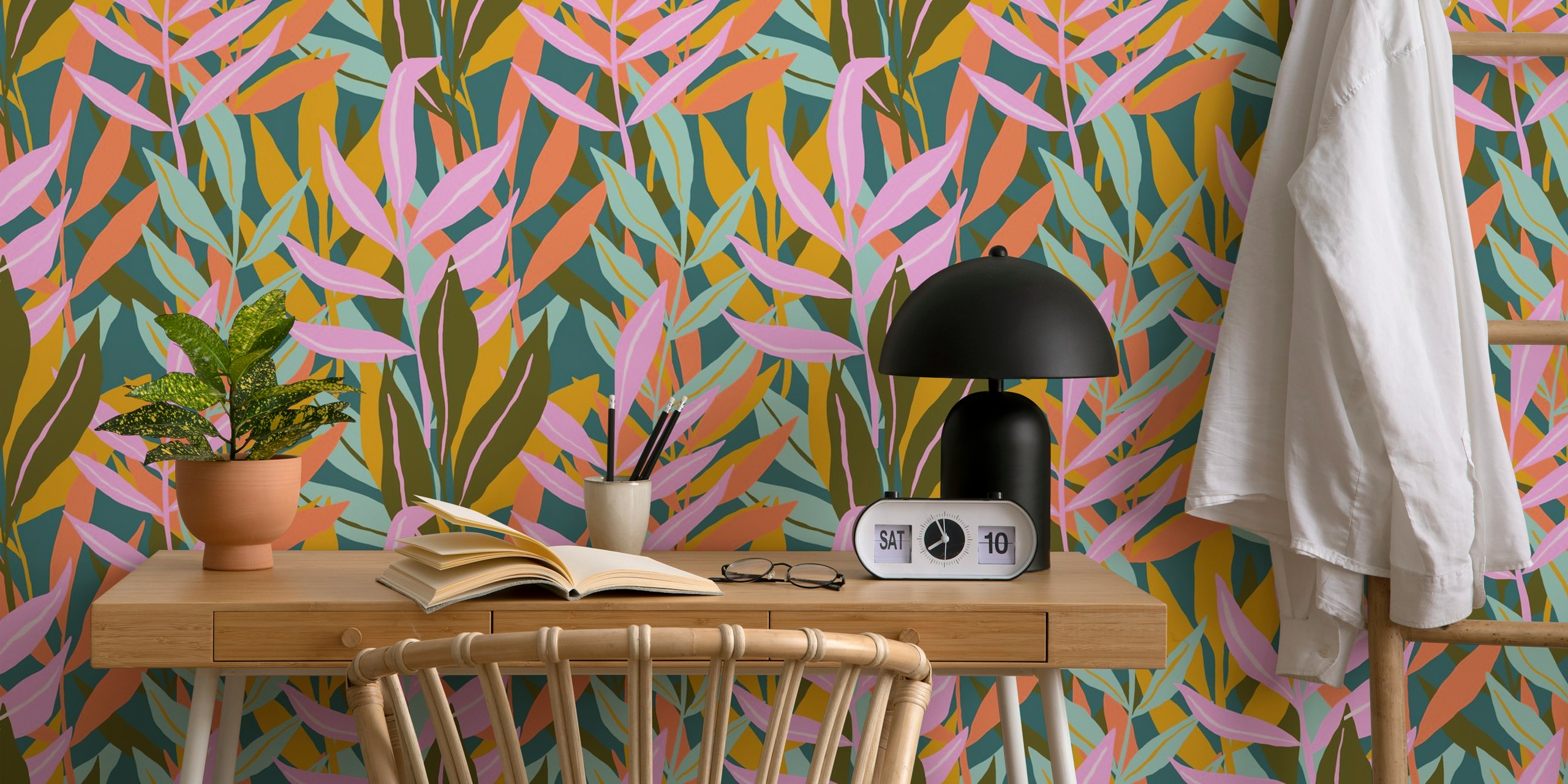 Tropical leaves in pink, green, and orange colors wallpaper