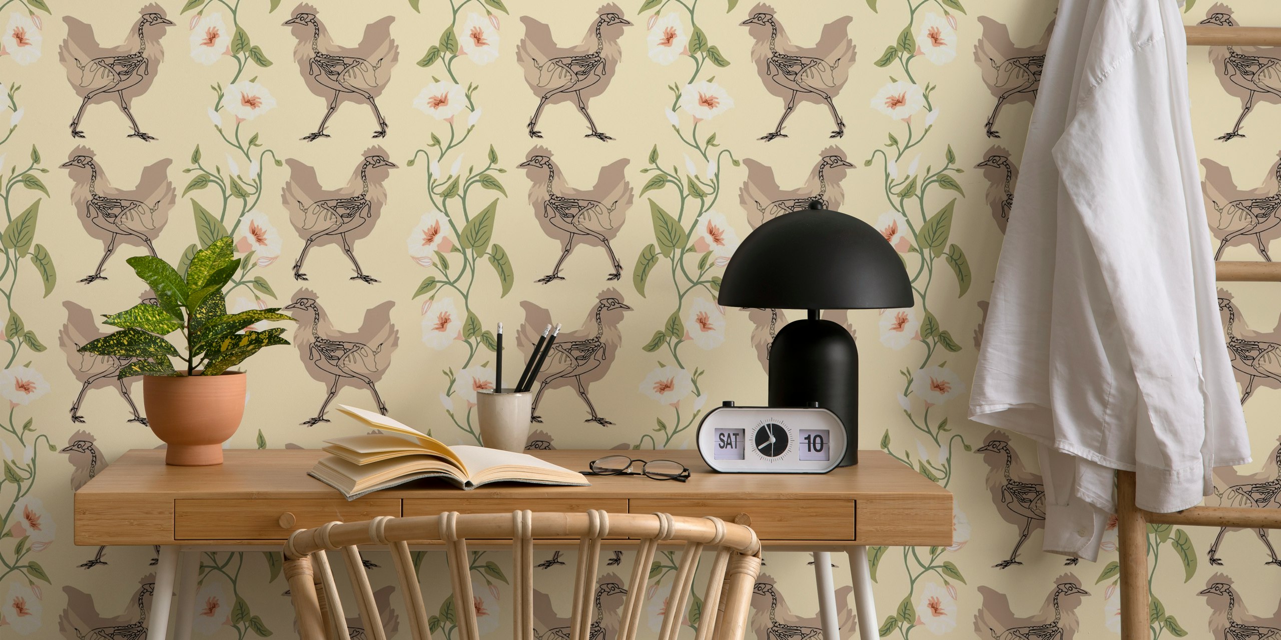 Chicken illustrations with floral motifs on beige background wallpaper