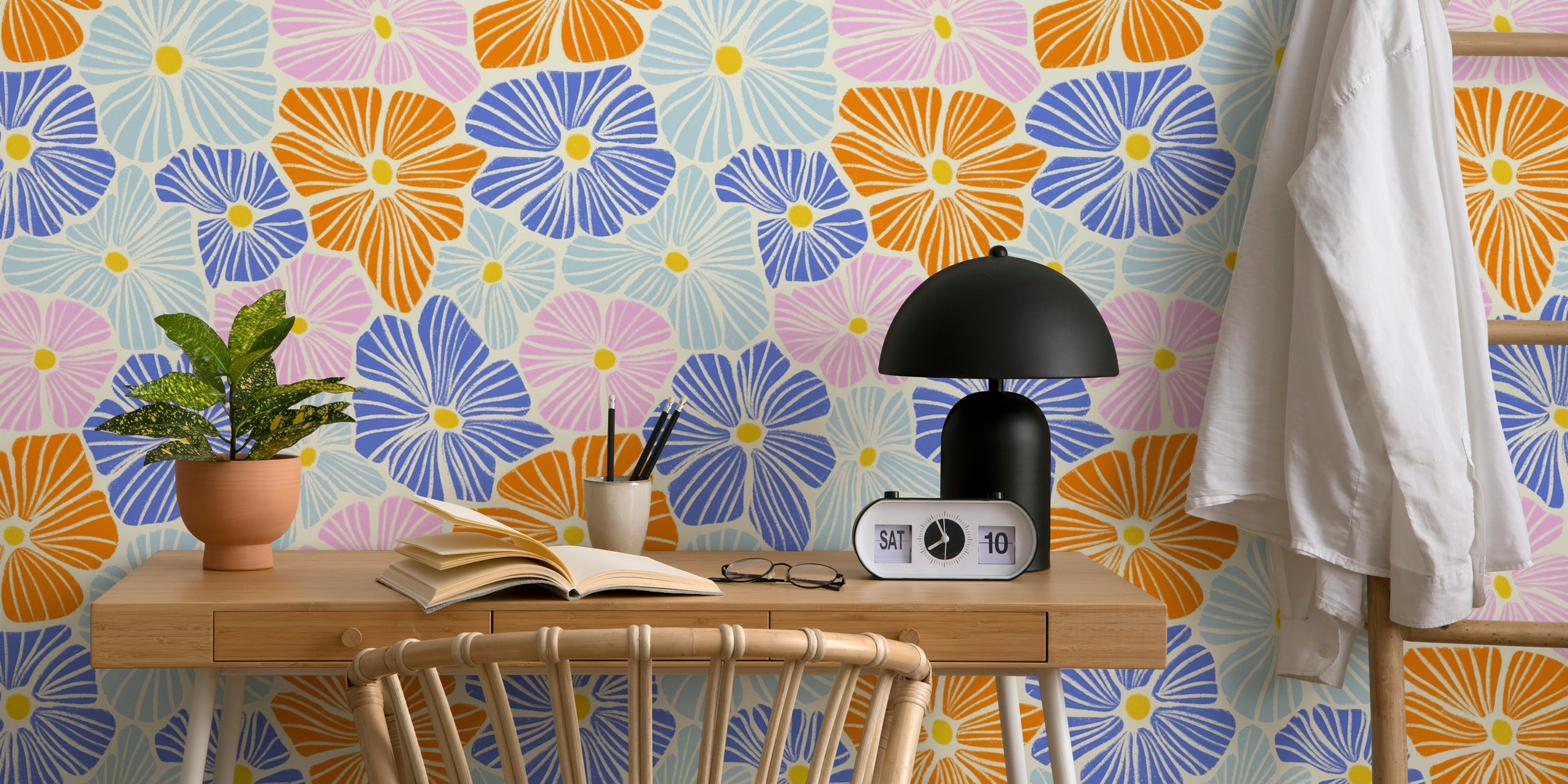Pastel floral pattern in blue, pink, and orange on a light background wallpaper