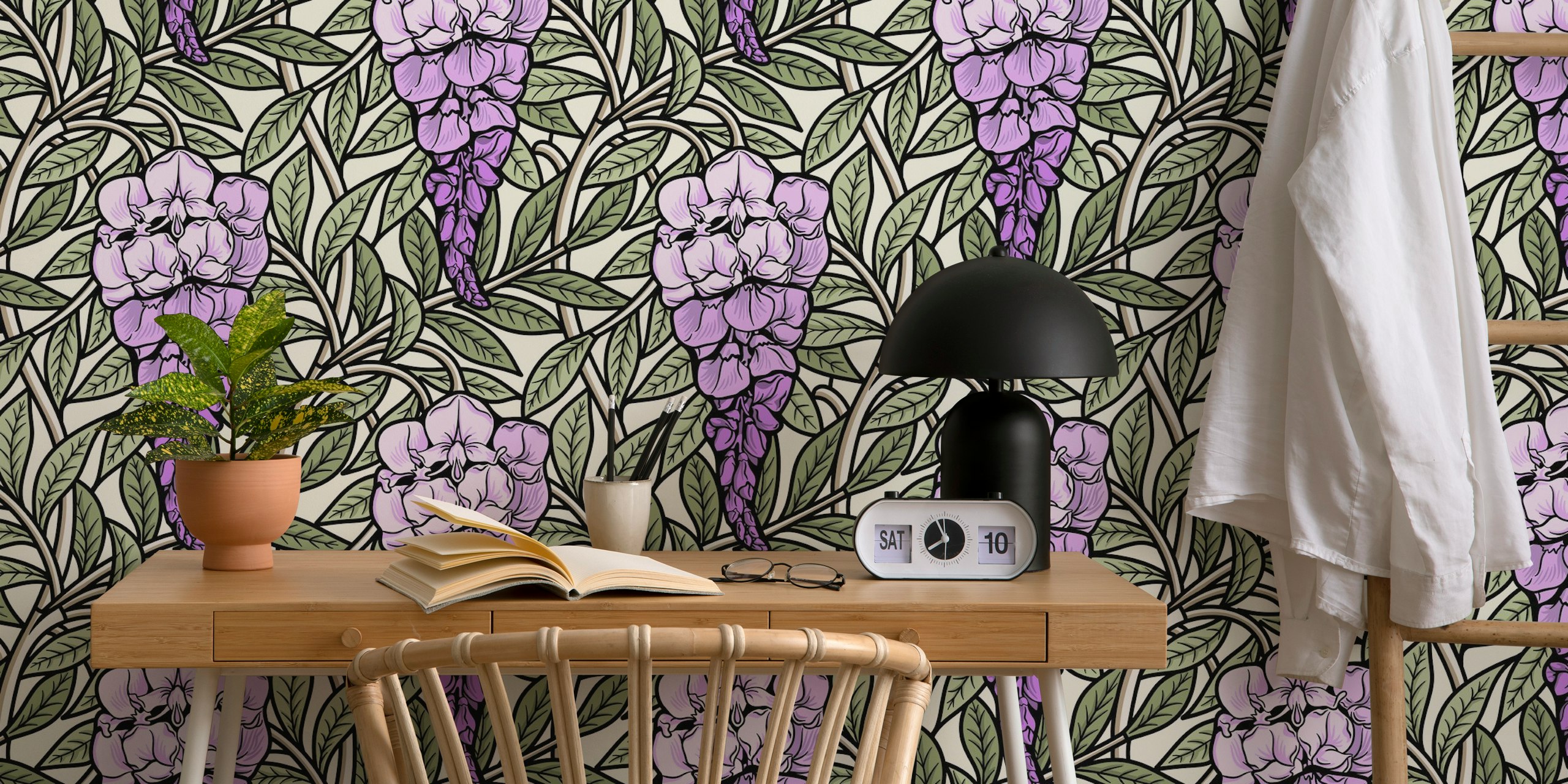 Retro Wisteria Glycine wallpaper design in a room