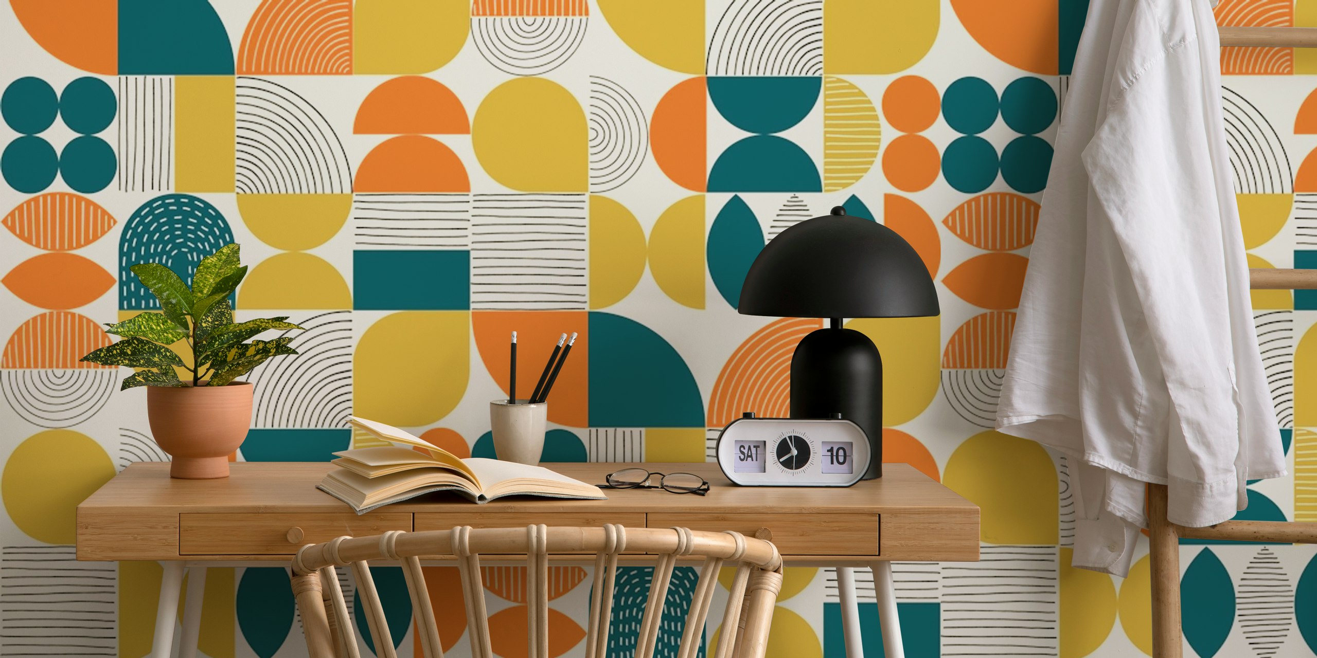 Colorful geometric shapes in teal and saffron wallpaper