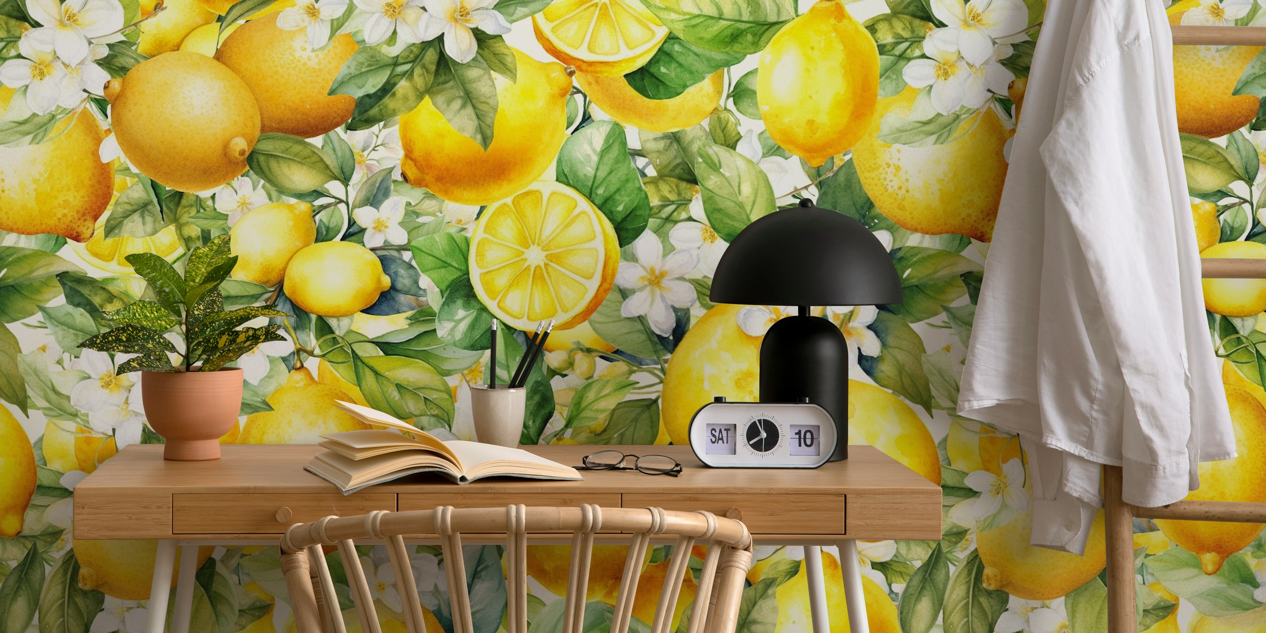 Lemon and white floral pattern on green leafy wallpaper