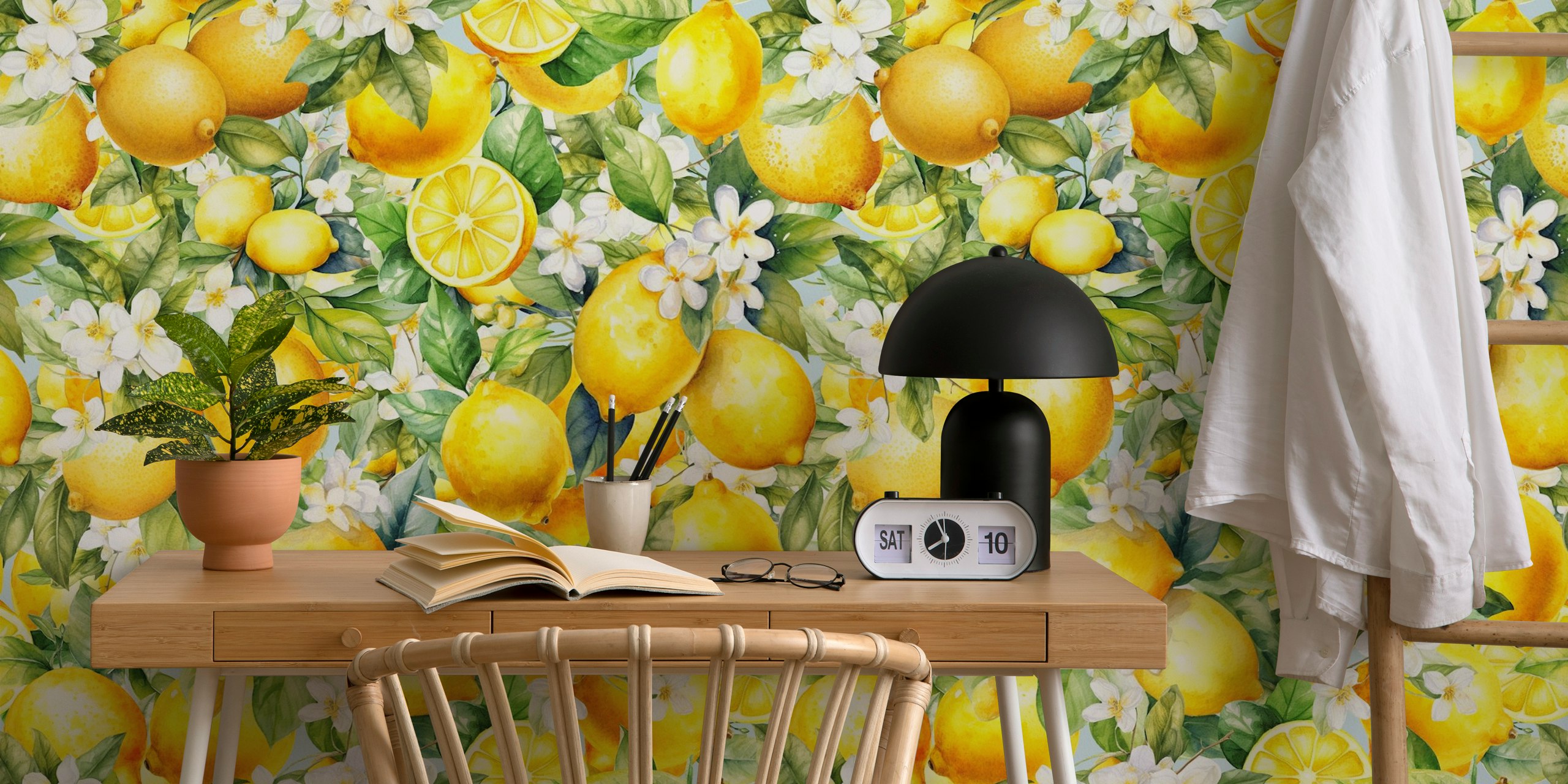 Lemon and white flower pattern on light background wallpaper