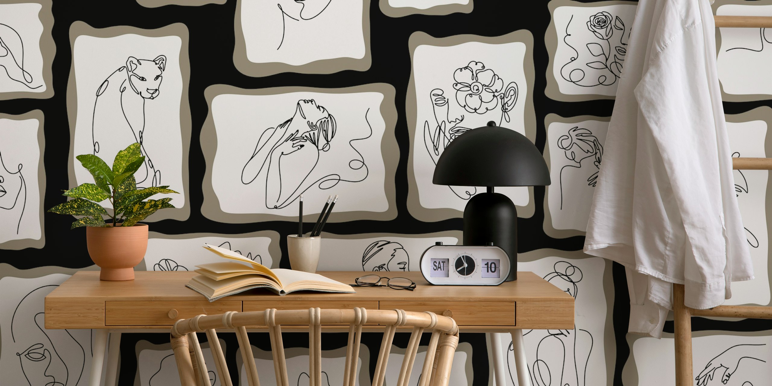 Line Art Gallery 1 black papel de parede em uma sala