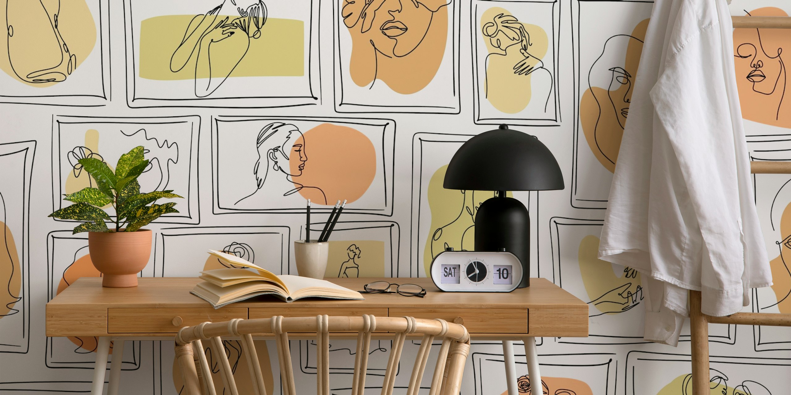 Line art of faces in frames on white background wallpaper