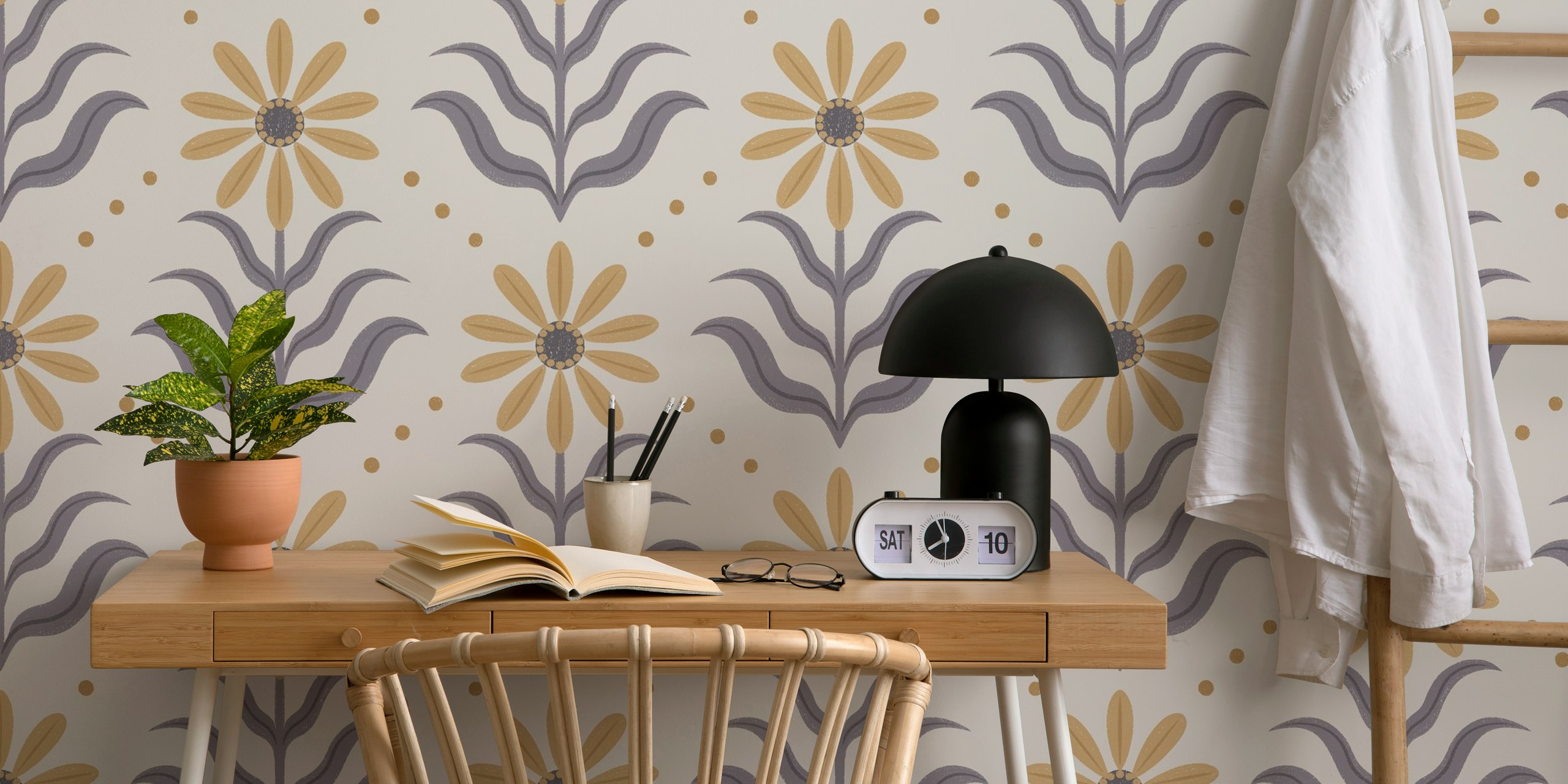 Padrão de papel de parede Vintage Geo Floral Ochre